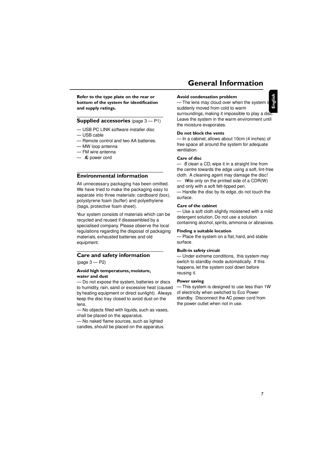 Philips MC M530 manual General Information, Supplied accessories page 3 P1, Environmental information 