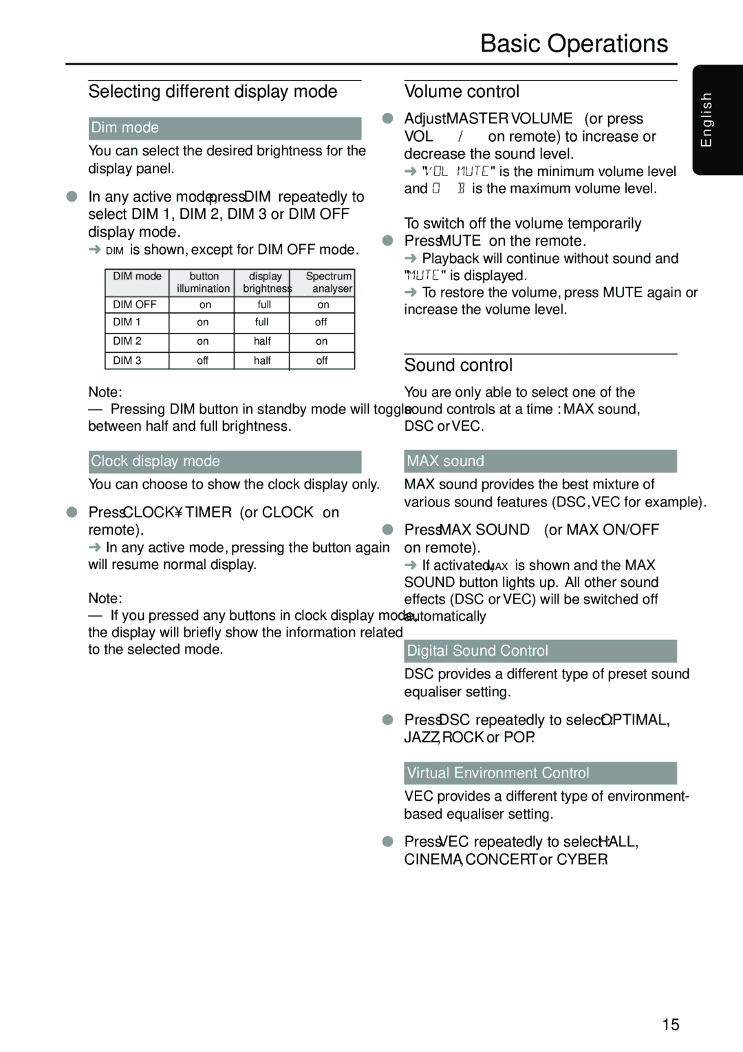 Philips MC M570 manual Selecting different display mode, Volume control, Sound control 