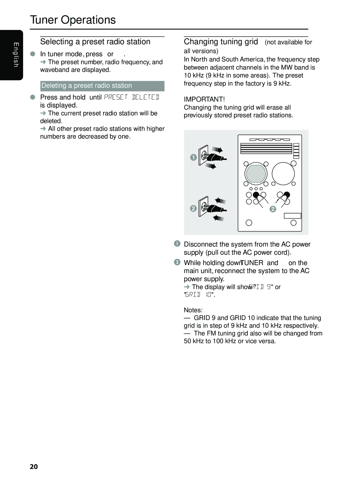 Philips MC M570 manual Selecting a preset radio station, Changing tuning grid not available for, Tuner mode, press í or ë 