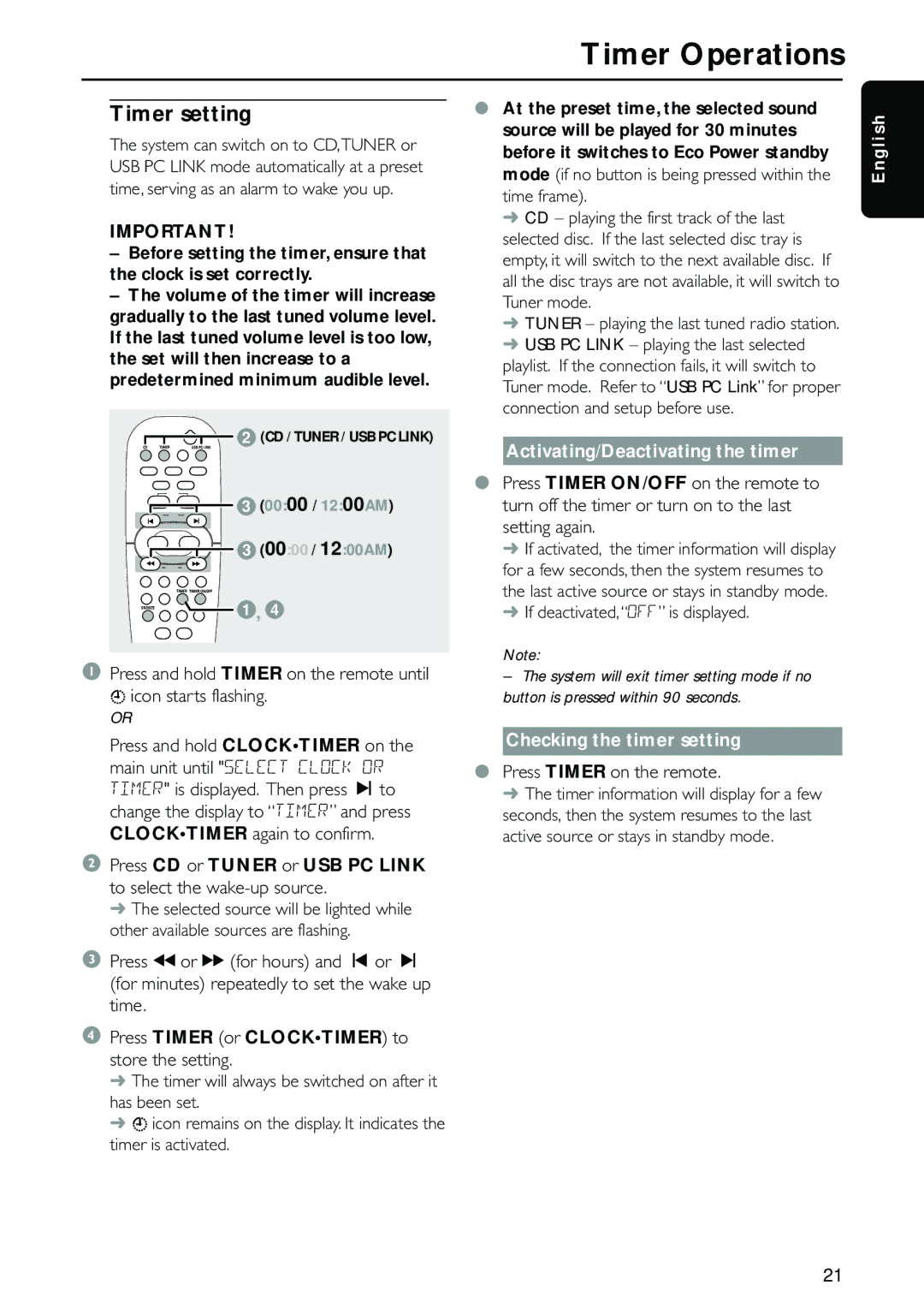 Philips MC M570 manual Timer Operations, Timer setting, Activating/Deactivating the timer, Checking the timer setting 