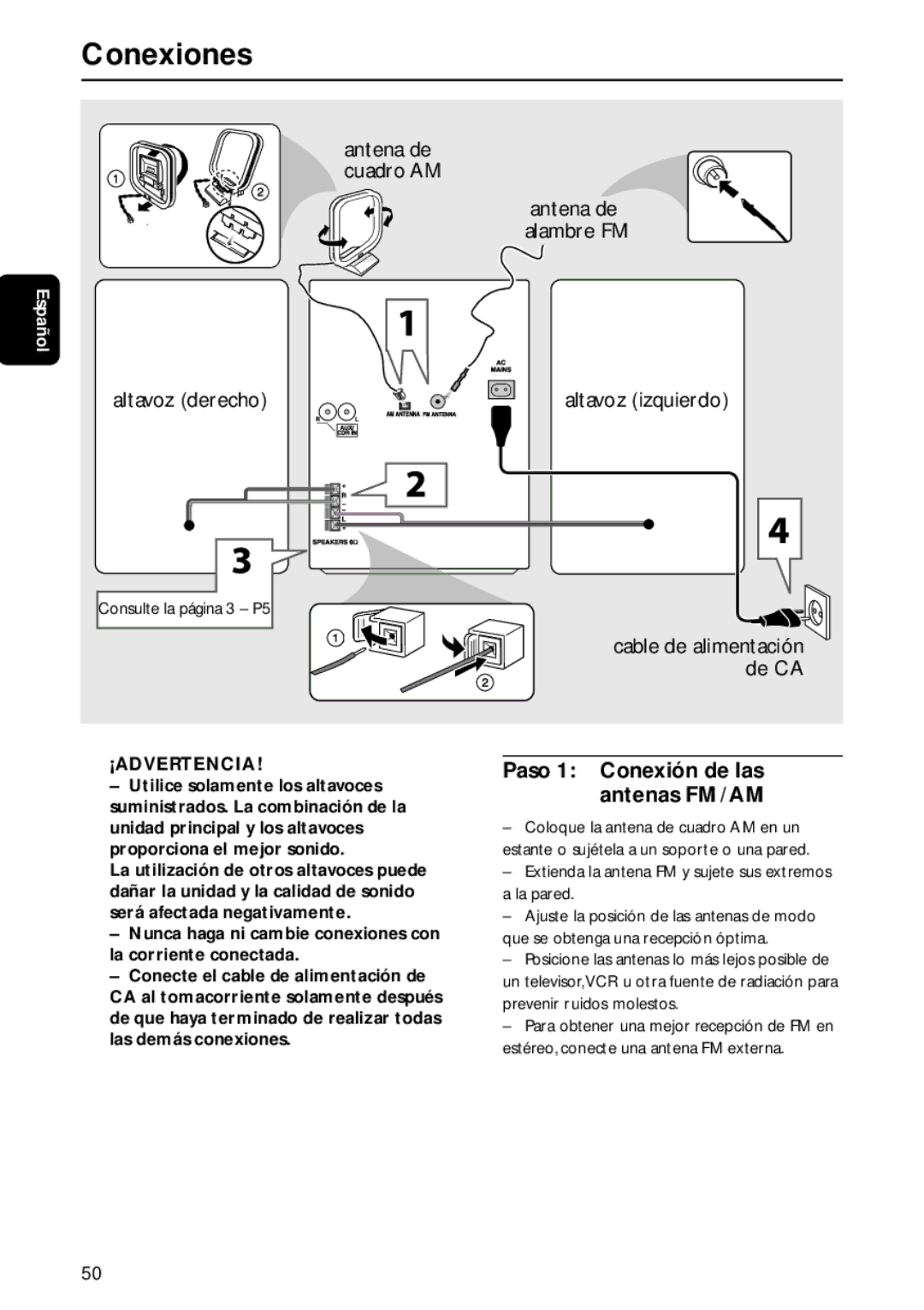 Philips MC-M570 manual Conexiones, Paso 1 Conexión de las antenas FM/AM, Consulte la página 3 P5, ¡Advertencia 