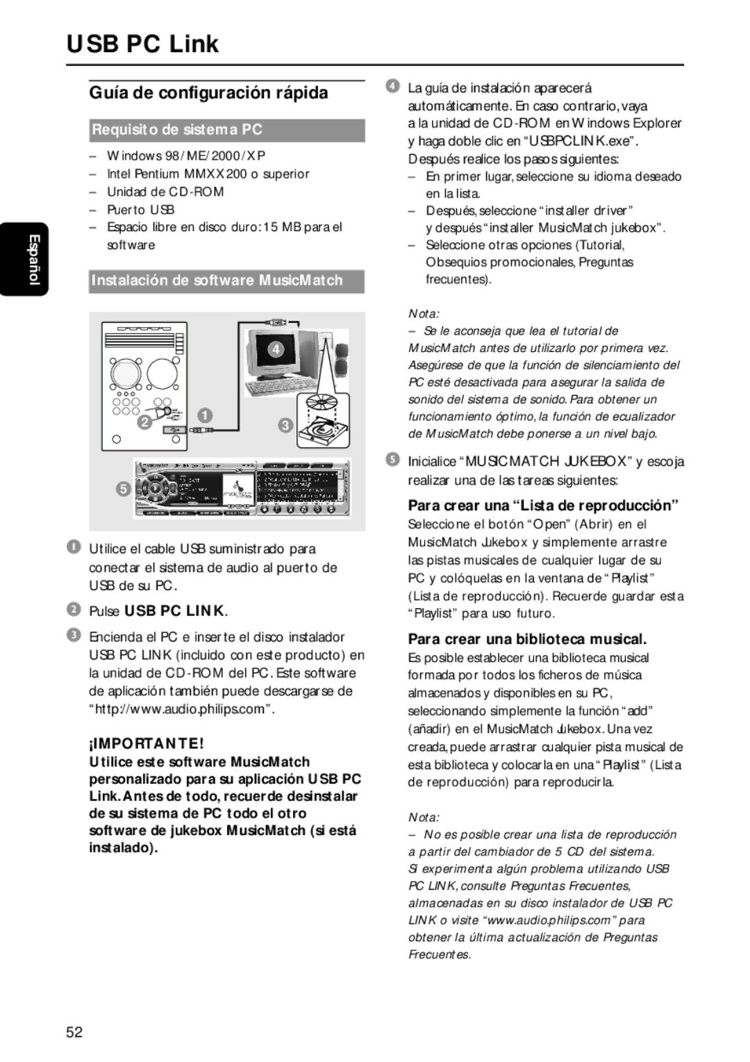 Philips MC-M570 USB PC Link, Guía de configuración rápida, Requisito de sistema PC, Instalación de software MusicMatch 