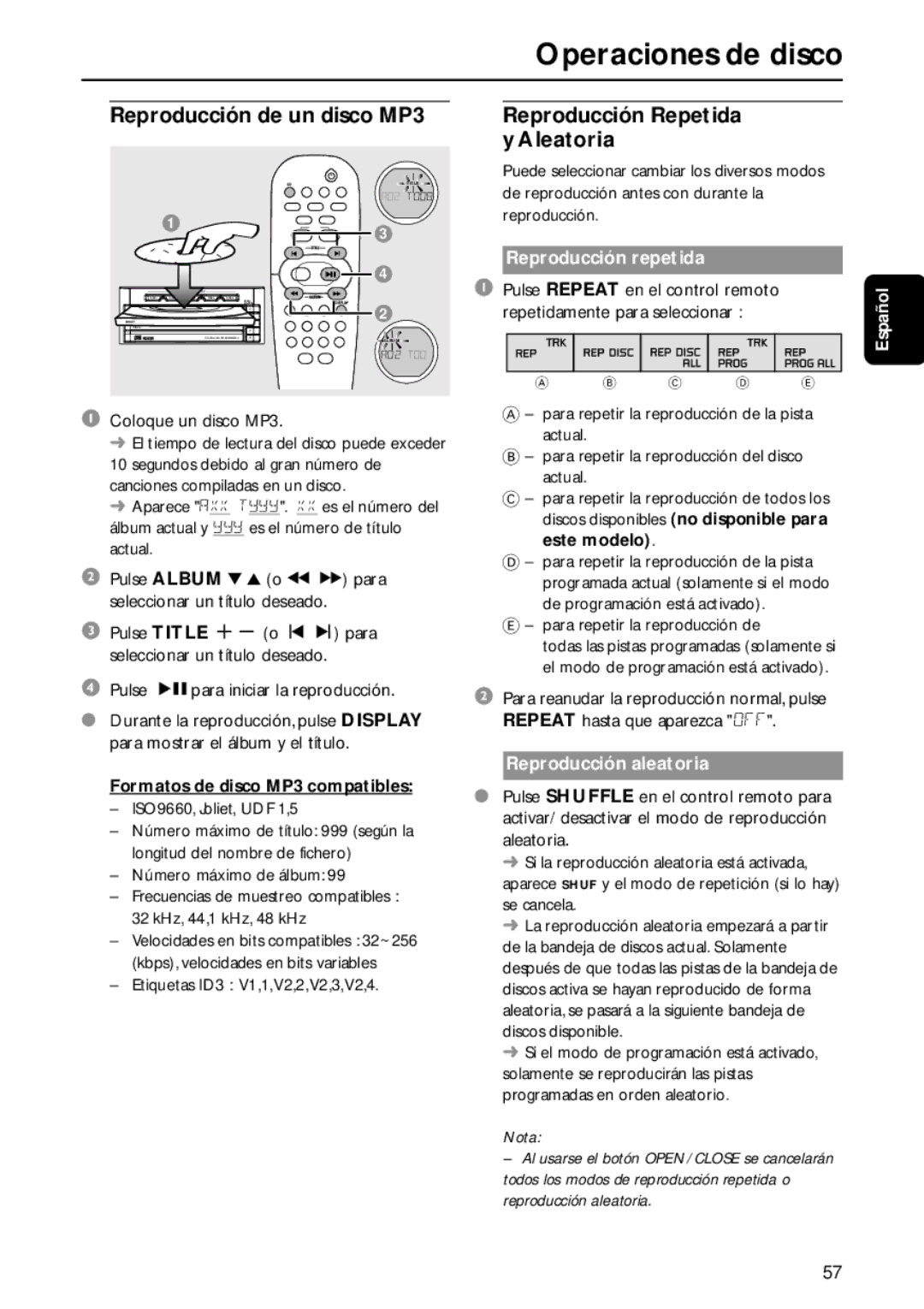 Philips MC-M570 manual Reproducción repetida, Formatos de disco MP3 compatibles, Reproducción aleatoria 