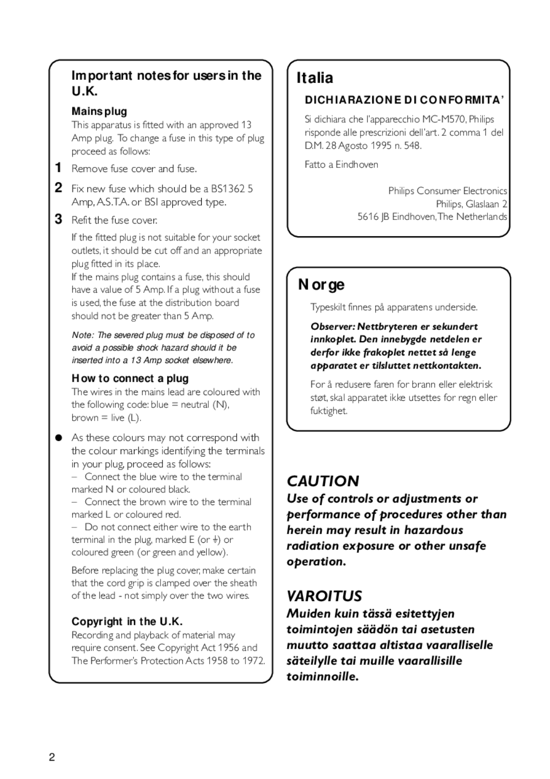 Philips MC-M570 manual Important notes for users in the U.K, Mains plug, How to connect a plug, Copyright in the U.K 