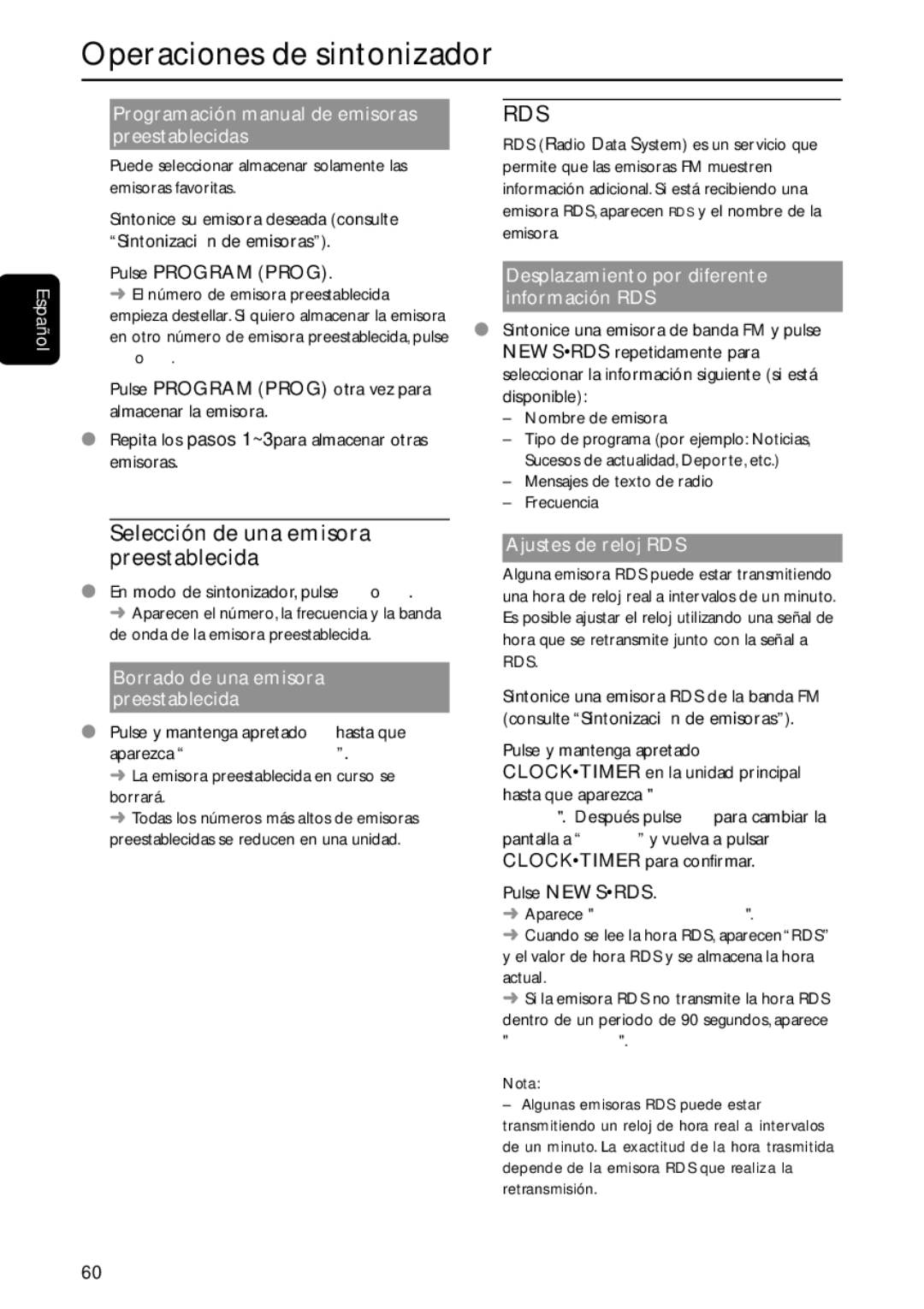 Philips MC-M570 Selección de una emisora preestablecida, Español Programación manual de emisoras preestablecidas 