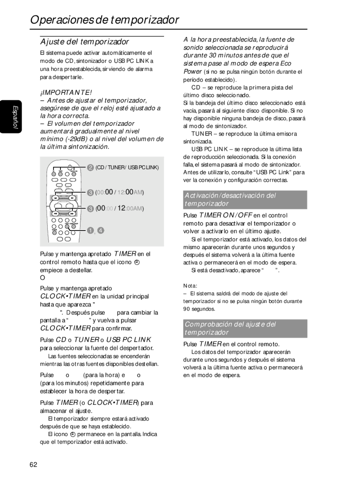 Philips MC-M570 Operaciones de temporizador, Ajuste del temporizador, Pulse Timer o Clocktimer para almacenar el ajuste 