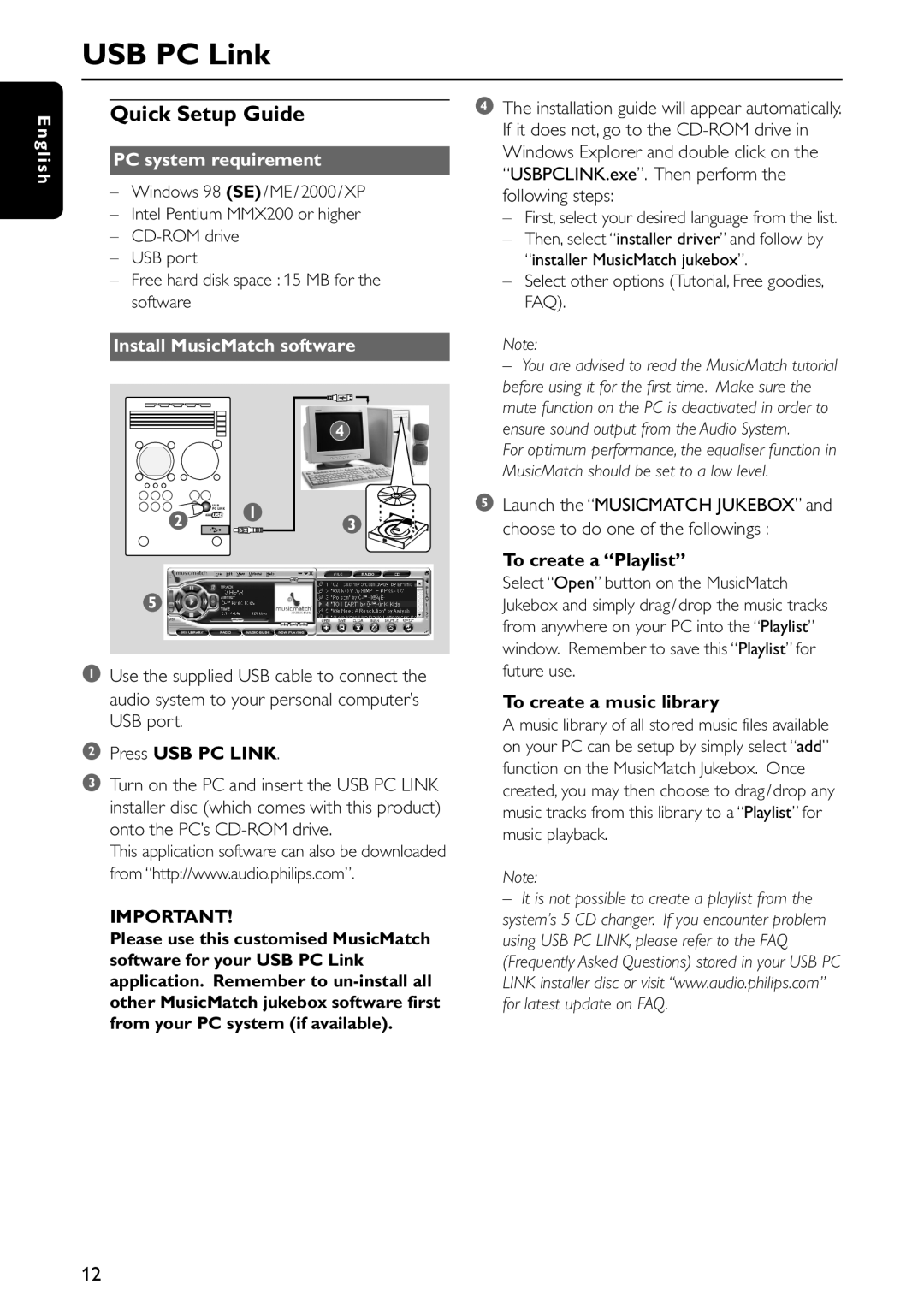 Philips MC M570 USB PC Link, Quick Setup Guide, PC system requirement, Install MusicMatch software, 2Press USB PC LINK 