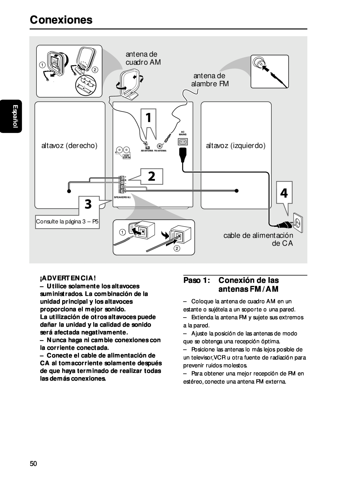 Philips MC-M570 manual Conexiones, antena de cuadro AM, altavoz derecho, altavoz izquierdo, antena de alambre FM, Español 