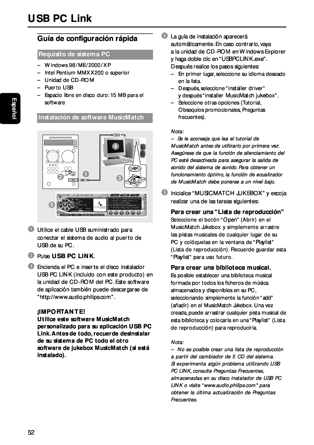 Philips MC-M570 USB PC Link, Español, Requisito de sistema PC, Instalación de software MusicMatch, 2Pulse USB PC LINK 