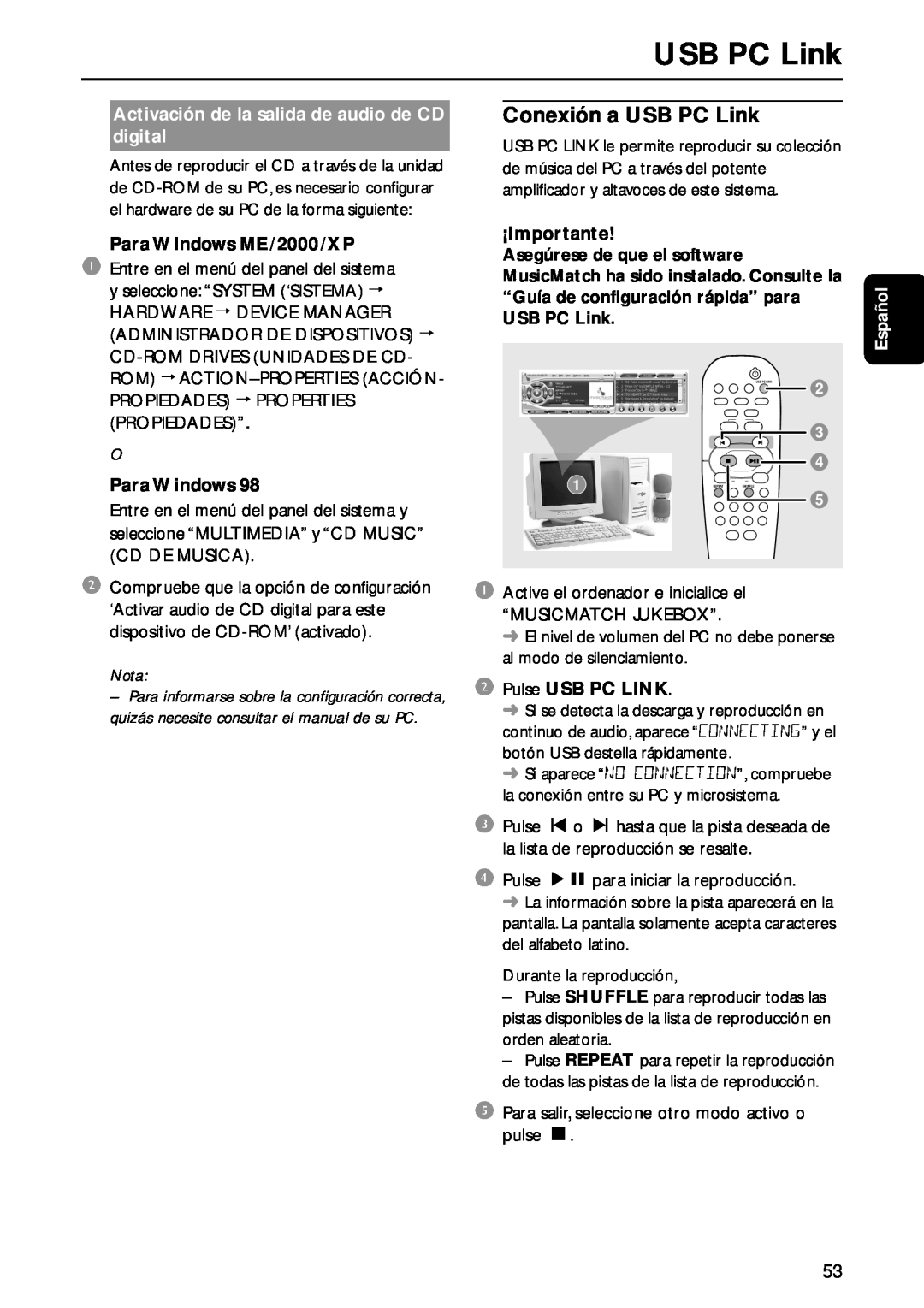 Philips MC-M570 manual USB PC Link, digital, Para Windows ME/2000/XP, Nota, ¡Importante, 2Pulse USB PC LINK, Español 