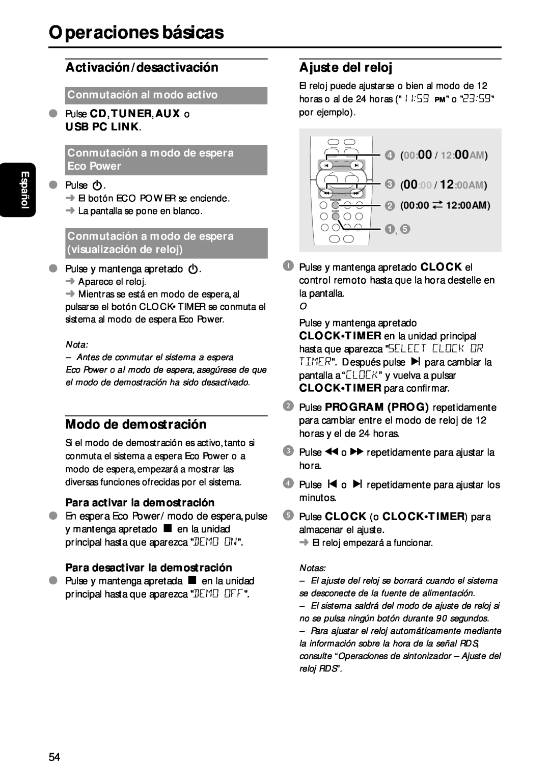 Philips MC-M570 Operaciones básicas, Español, Conmutación al modo activo, Usb Pc Link, Para activar la demostración, Notas 