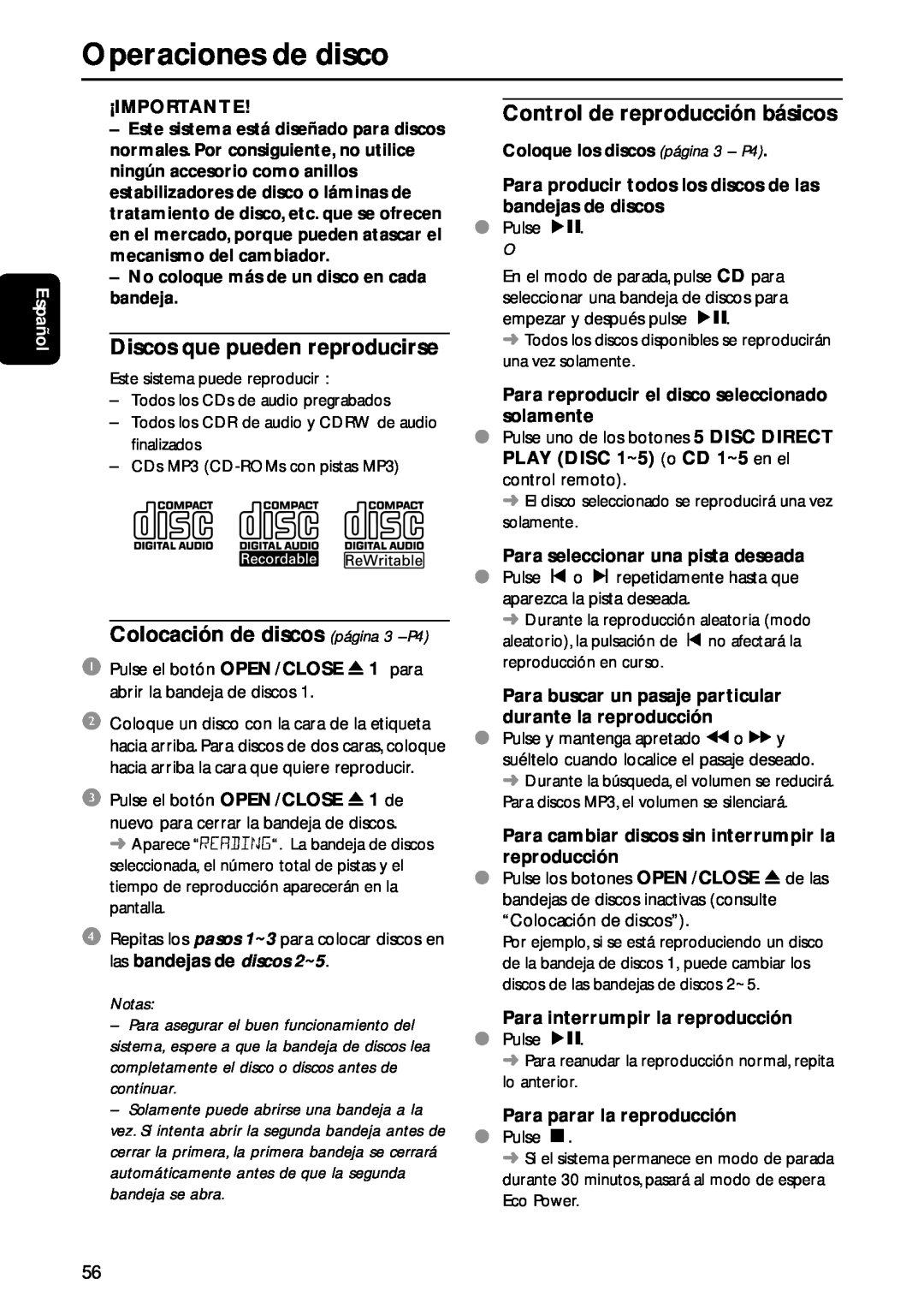 Philips MC-M570 manual Operaciones de disco, Español, ¡Importante, No coloque más de un disco en cada bandeja, Notas 