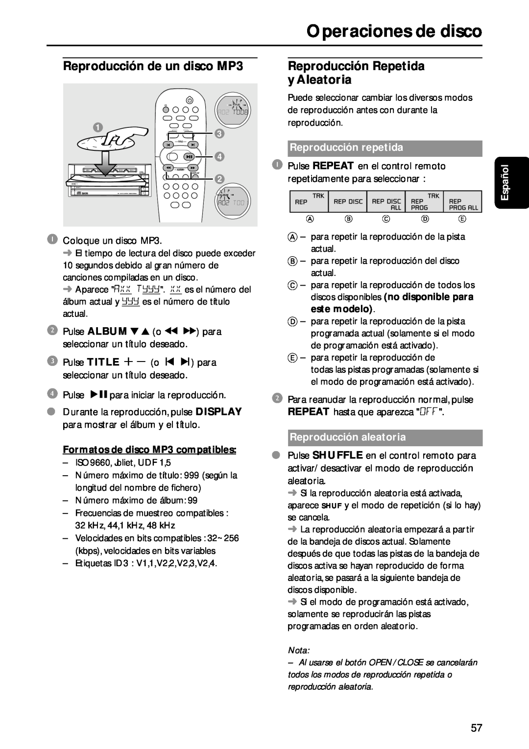 Philips MC-M570 manual Operaciones de disco, Reproducción repetida, Español, Formatos de disco MP3 compatibles, Nota 
