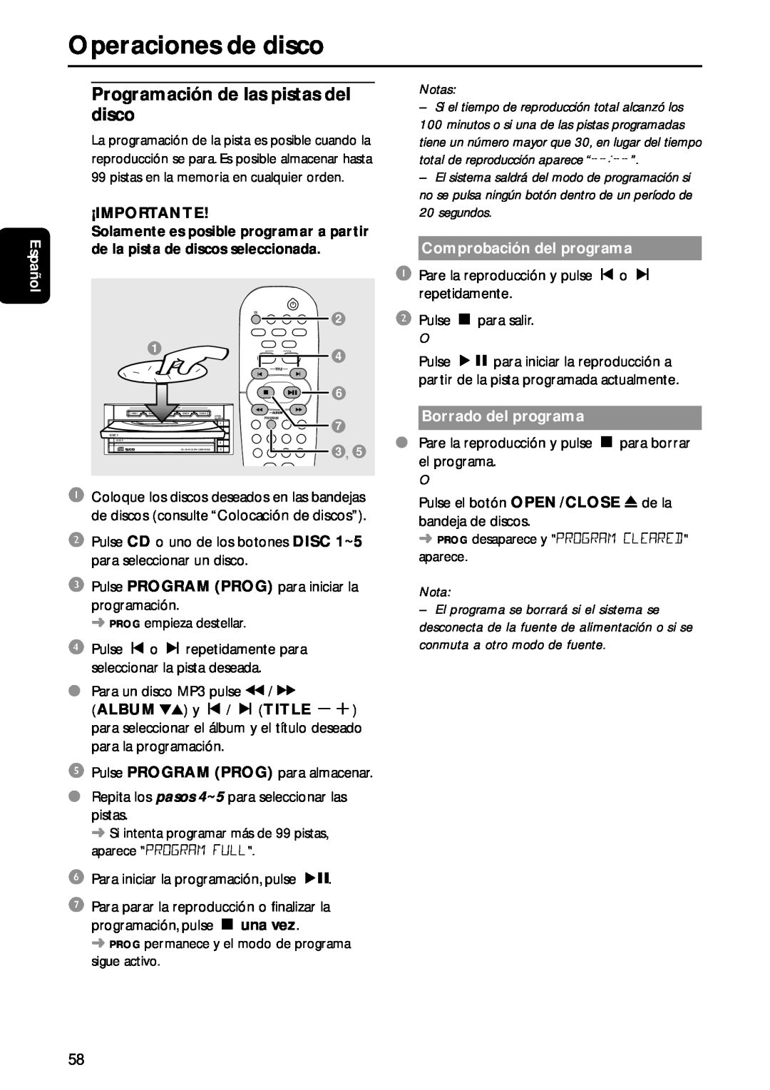 Philips MC-M570 manual Operaciones de disco, Español, ¡Importante, Notas, Comprobación del programa, Borrado del programa 