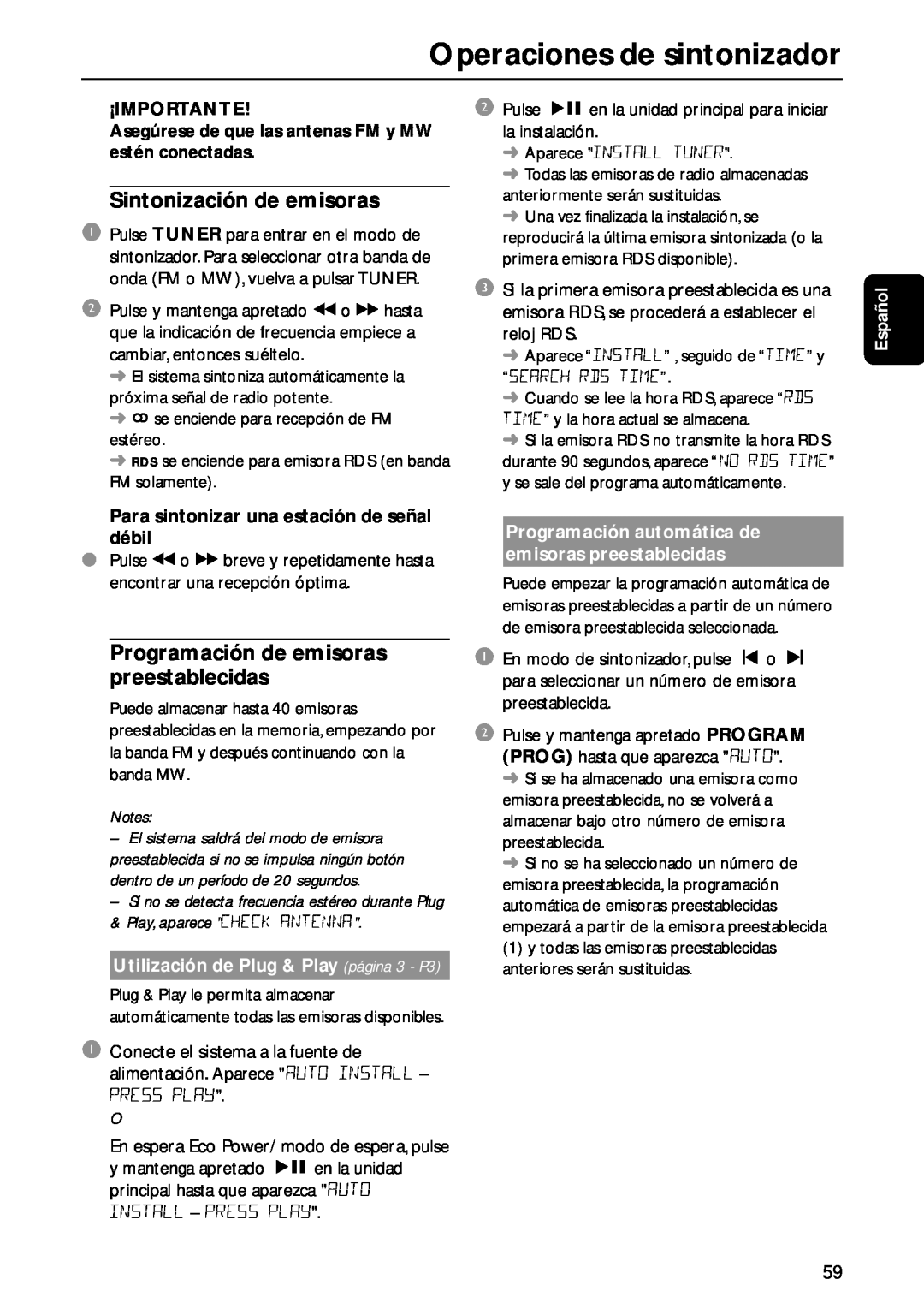 Philips MC-M570 manual Operaciones de sintonizador, ¡Importante, Español, Para sintonizar una estación de señal débil 