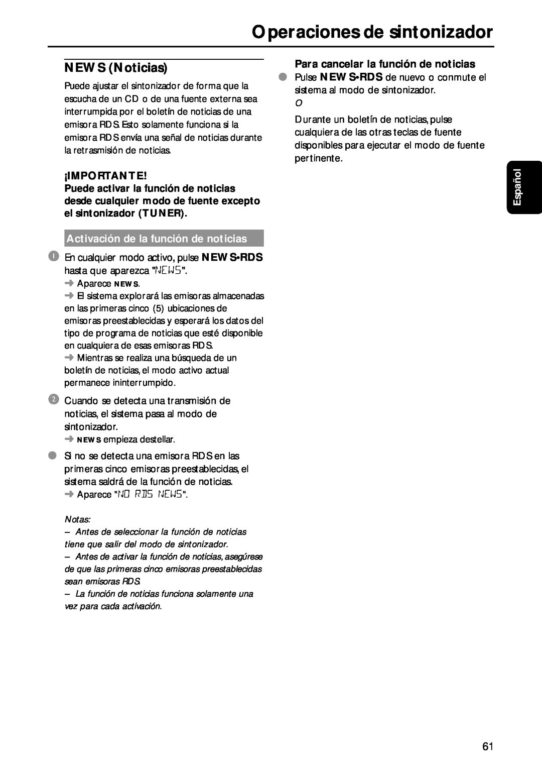 Philips MC-M570 manual Operaciones de sintonizador, ¡Importante, Activación de la función de noticias, Notas, Español 