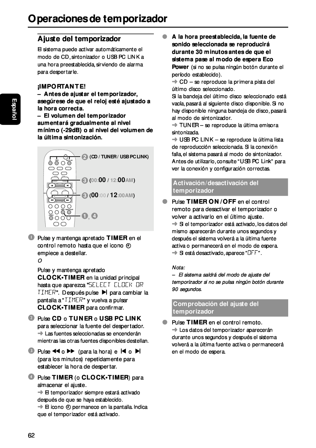 Philips MC-M570 manual Operaciones de temporizador, Español, ¡Importante, Activación/desactivación del temporizador, Nota 