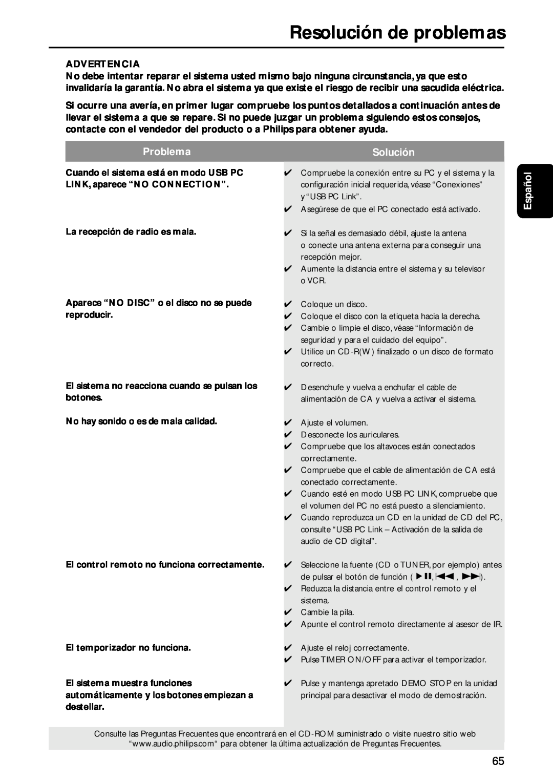 Philips MC-M570 manual Resolución de problemas, Problema, Solución, Español 