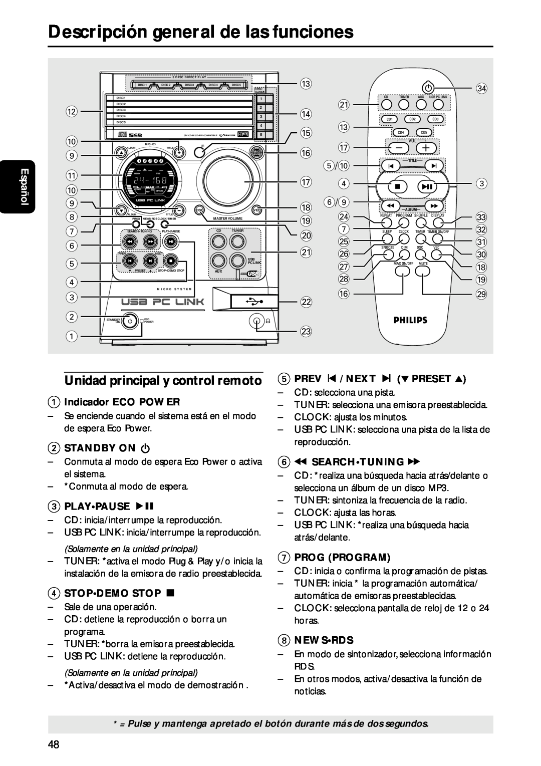 Philips MC-M570 manual Descripción general de las funciones, Unidad principal y control remoto 