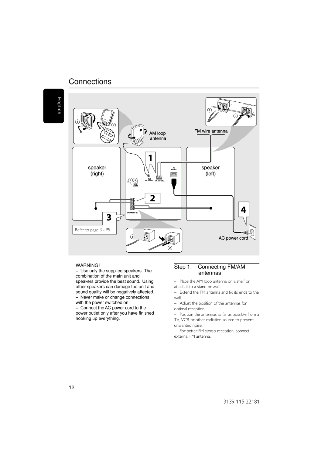 Philips MC-M570/37 warranty Connections, Connecting FM/AM antennas, Refer to page 3 P5 