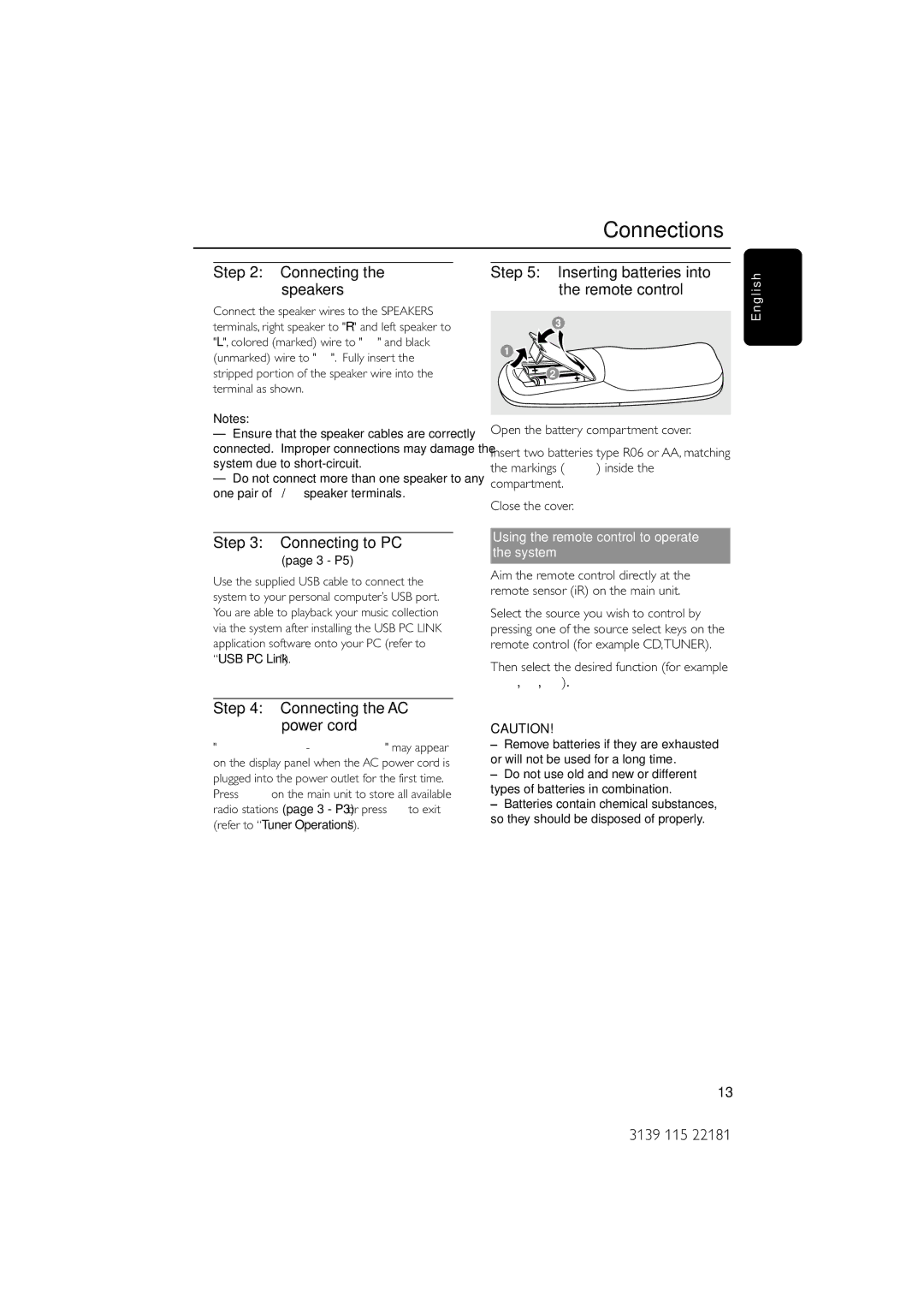 Philips MC-M570/37 warranty Connecting the speakers, Connecting to PC, Inserting batteries into the remote control 