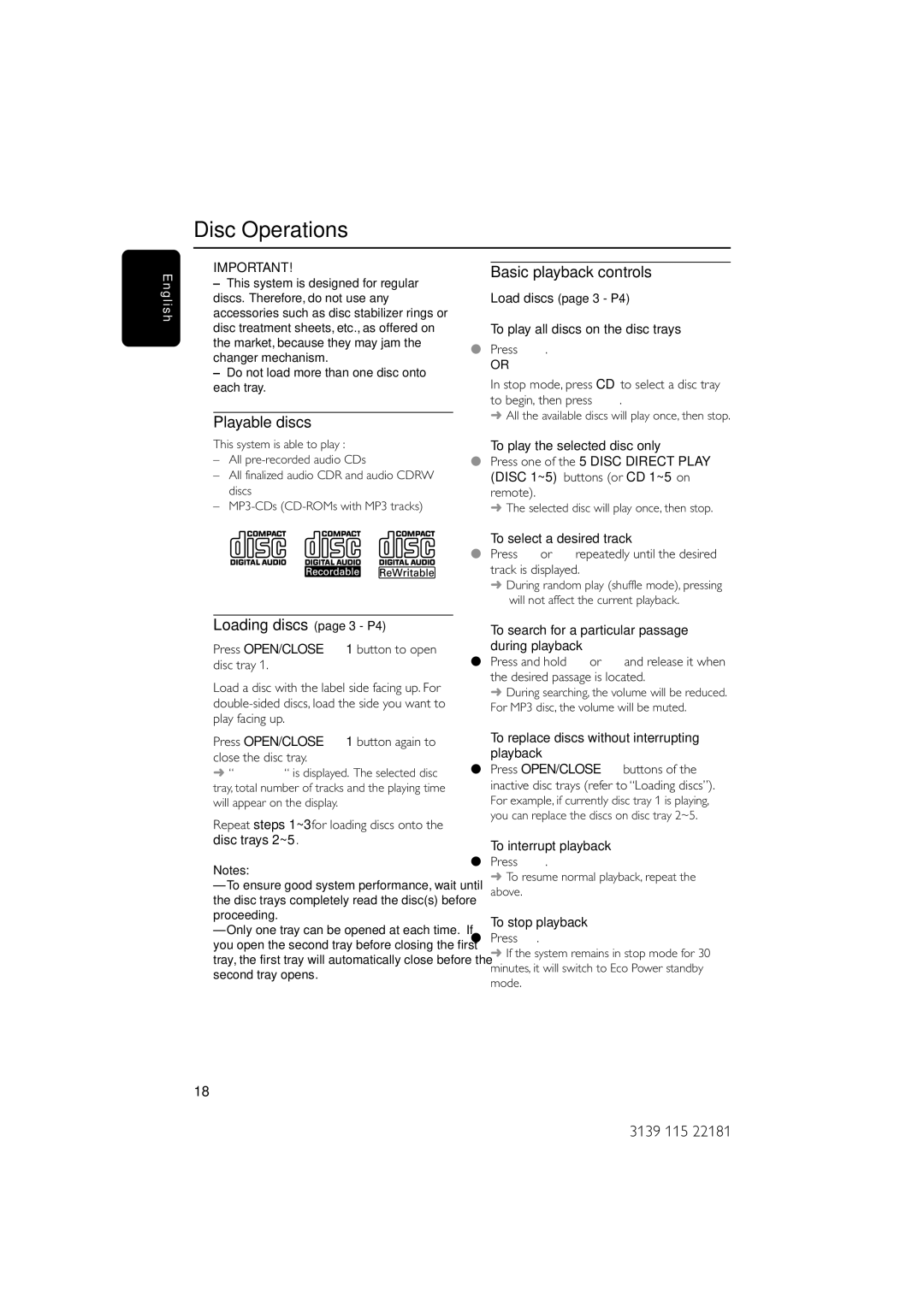 Philips MC-M570/37 warranty Disc Operations, Playable discs, Basic playback controls, Loading discs page 3 P4 