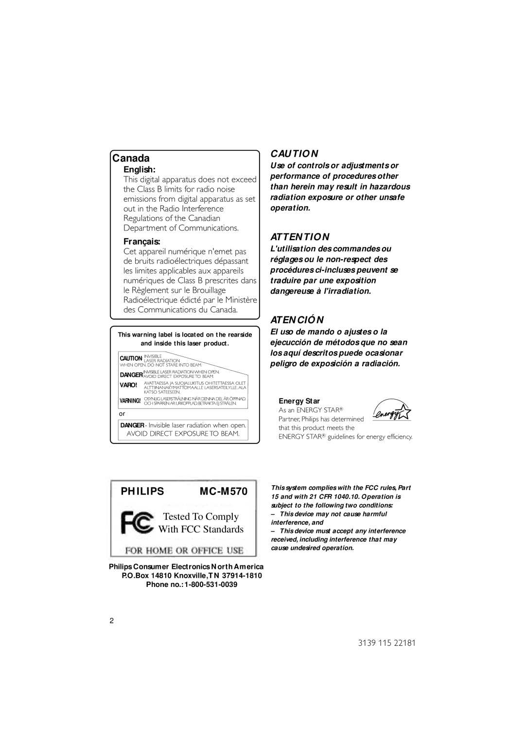 Philips MC-M570/37 warranty English, Français, Inside this laser product, Energy Star 