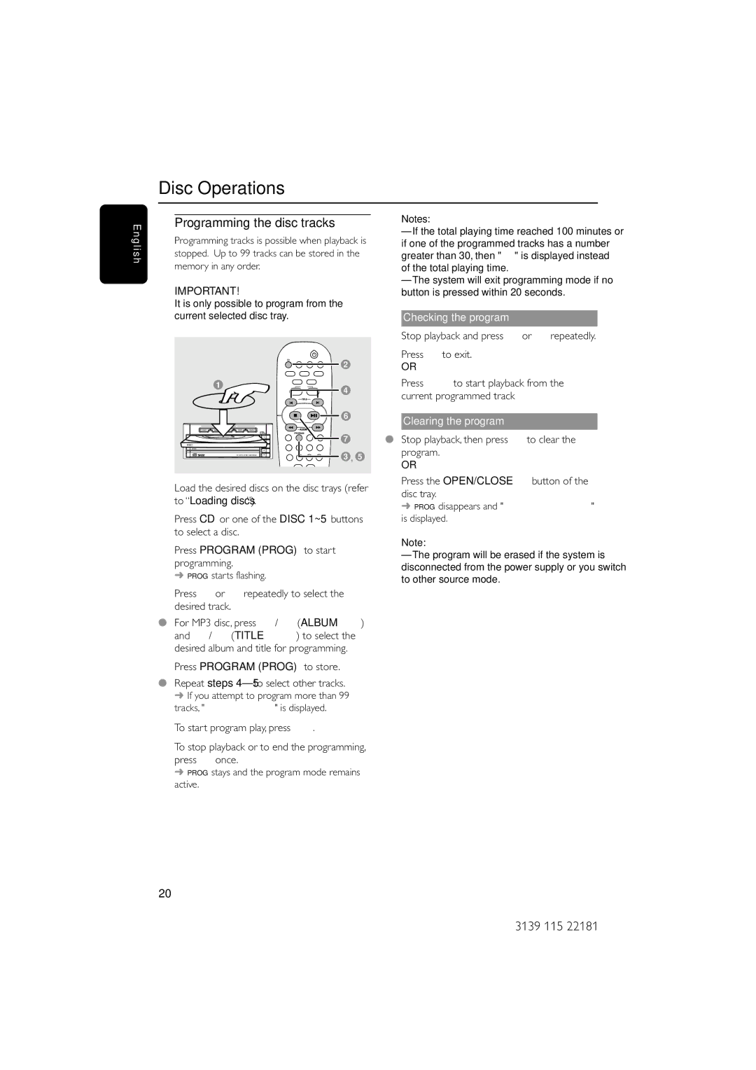 Philips MC-M570/37 warranty Programming the disc tracks, Checking the program, Clearing the program 