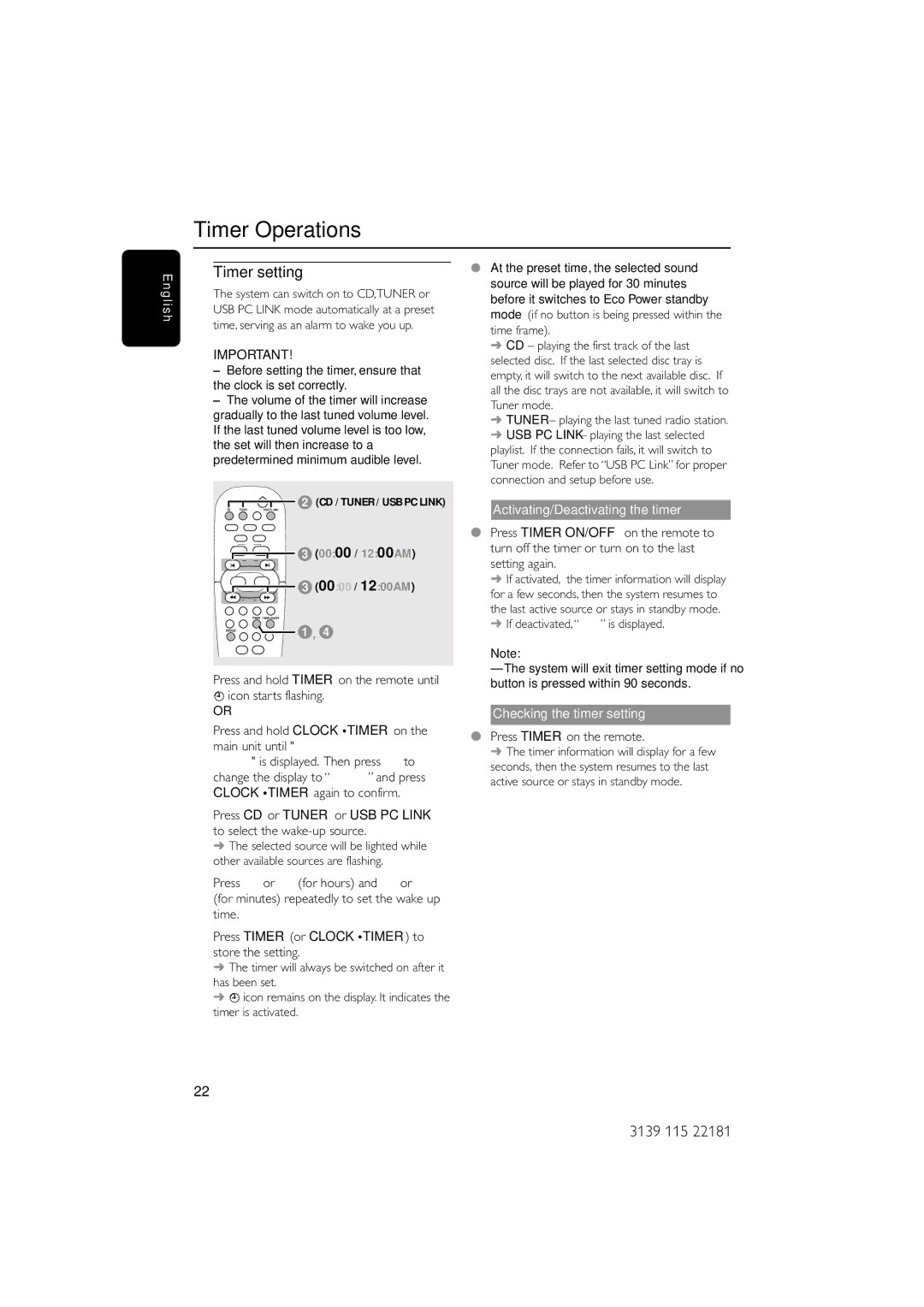 Philips MC-M570/37 warranty Timer Operations, Timer setting, Activating/Deactivating the timer, Checking the timer setting 