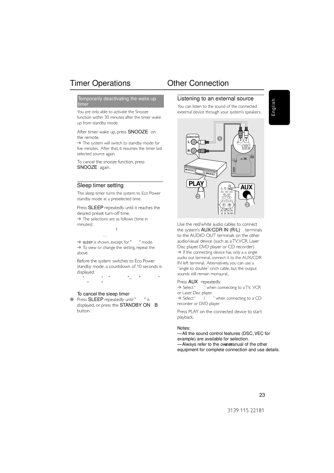 Philips MC-M570/37 Timer Operations Other Connection, Sleep timer setting, Temporarily deactivating the wake up timer 