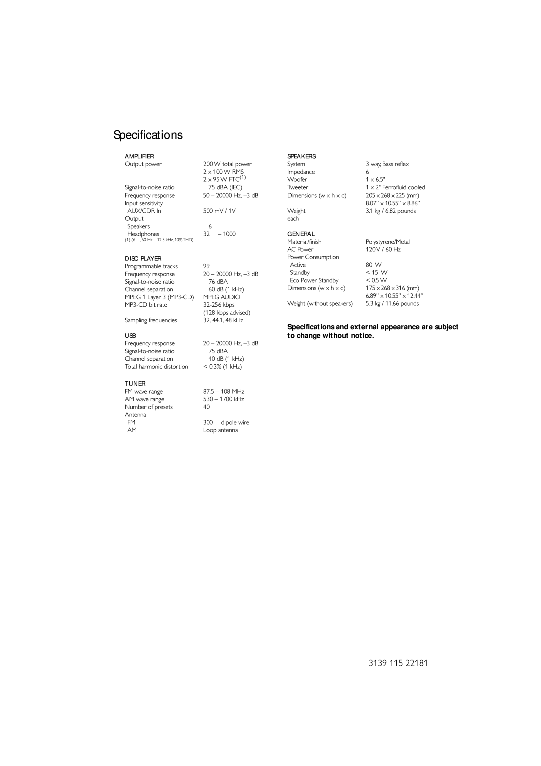 Philips MC-M570/37 warranty Specifications, Amplifier 