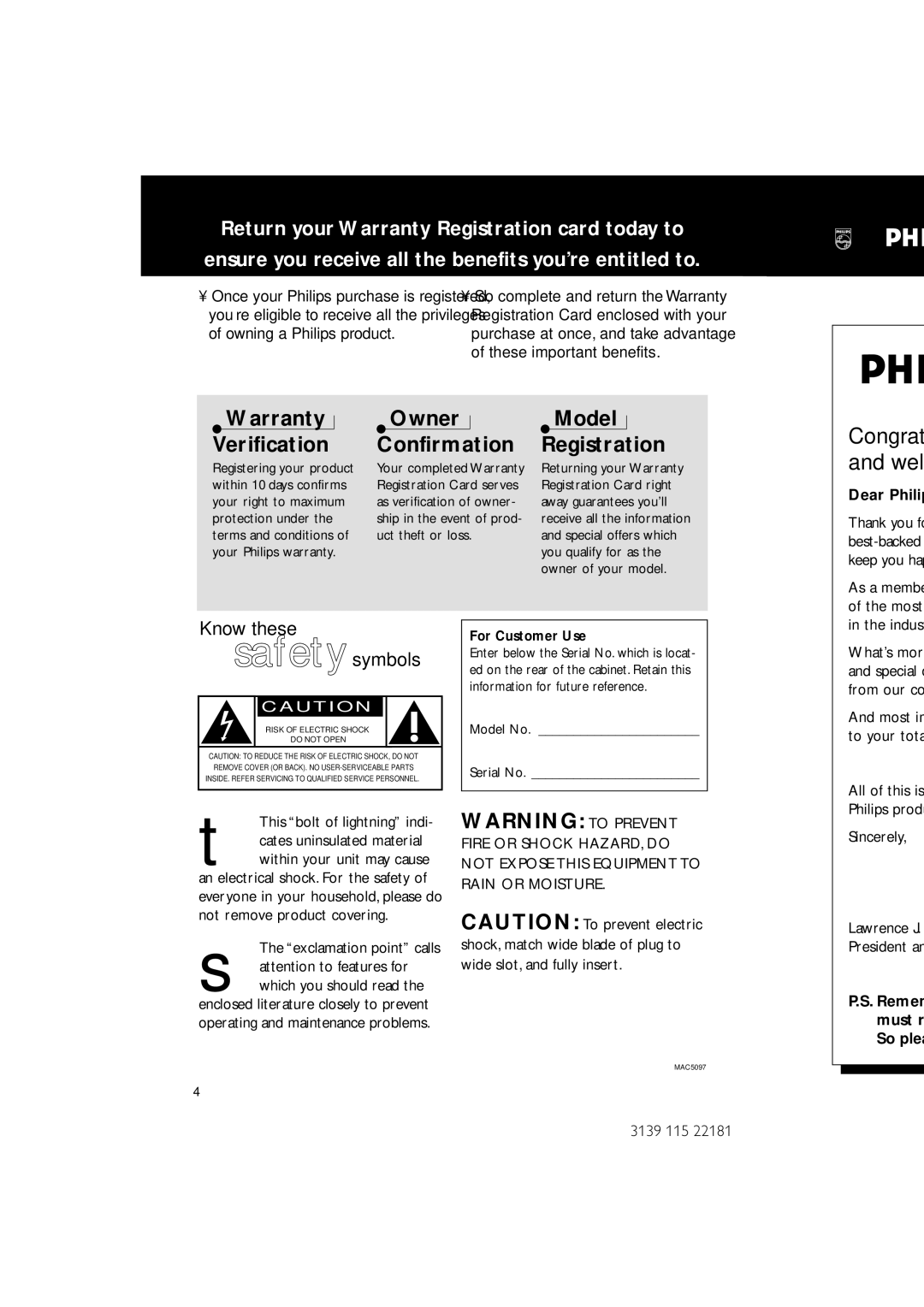 Philips MC-M570/37 warranty Thank you fo best-backed keep you hap, Lawrence J. President an 