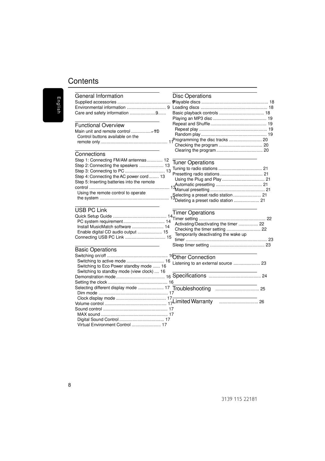 Philips MC-M570/37 warranty Contents 