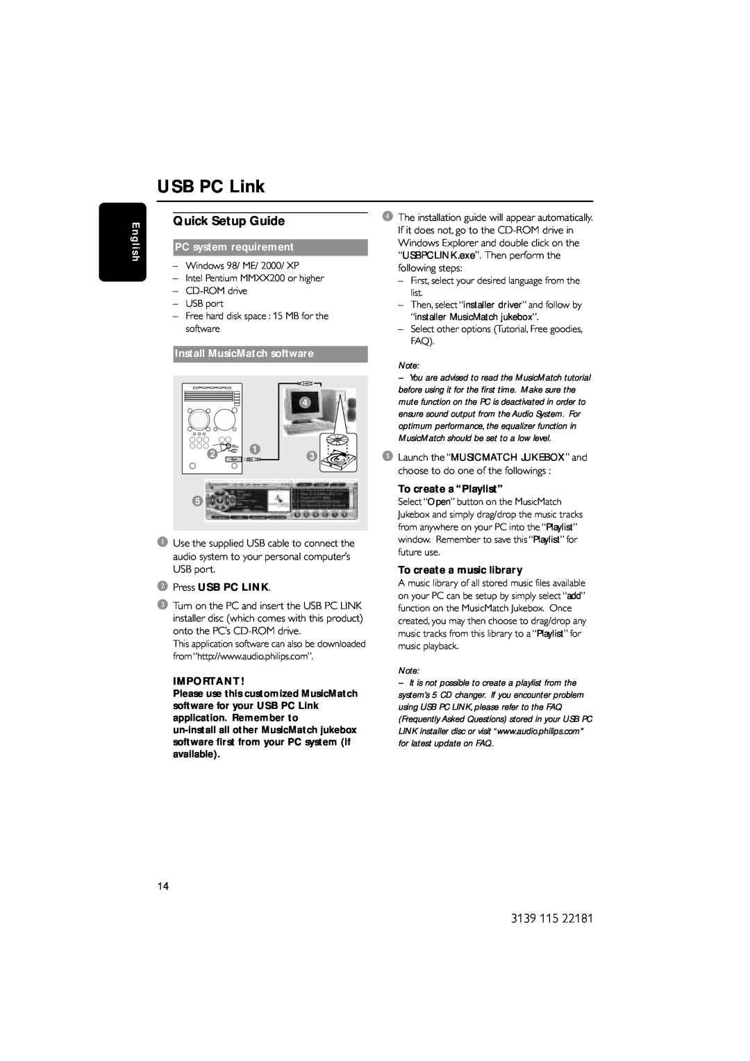 Philips MC-M570/37 USB PC Link, Quick Setup Guide, E n g l i s h, PC system requirement, Install MusicMatch software 