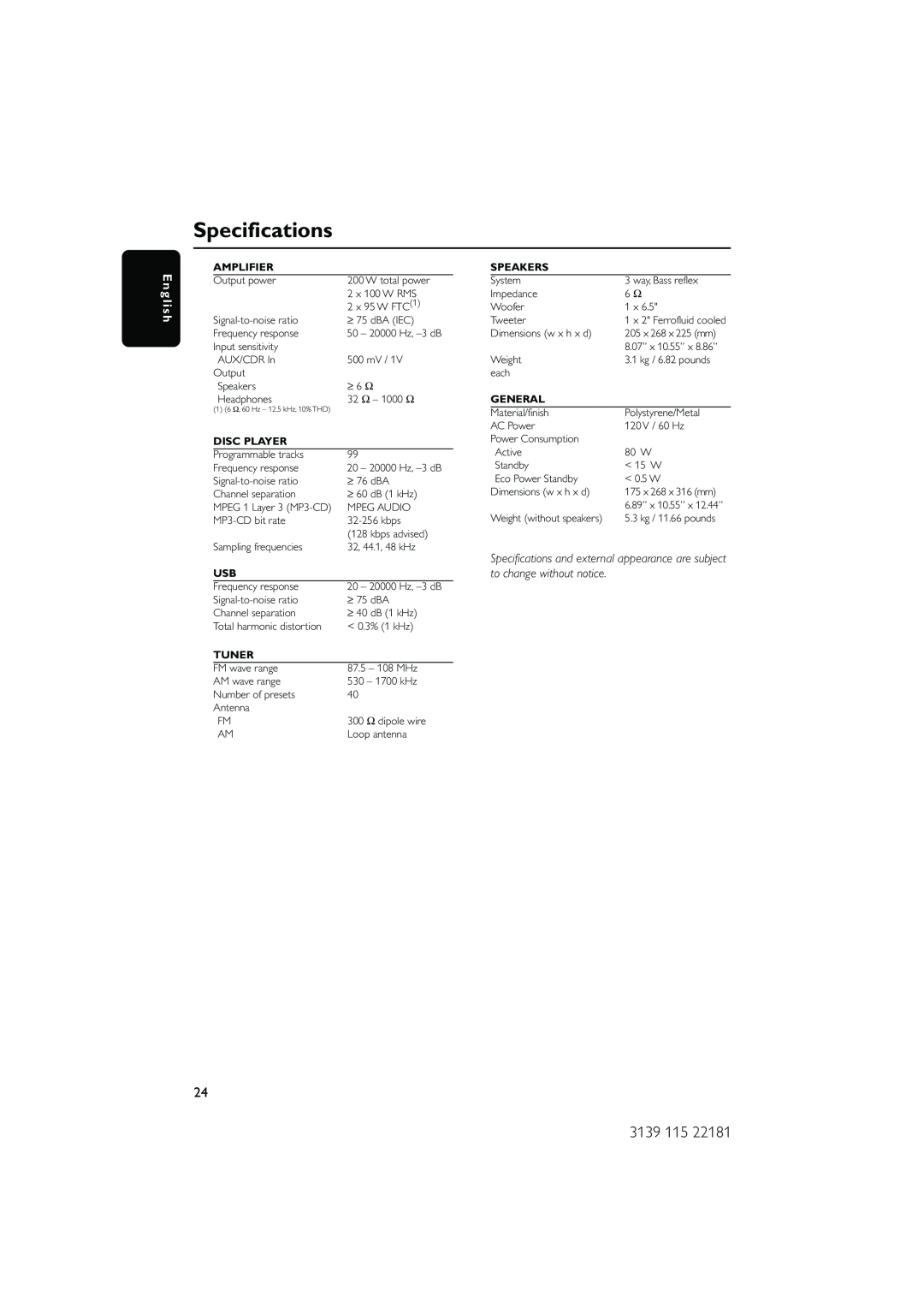 Philips MC-M570/37 warranty Specifications, E n g l i s h, to change without notice 