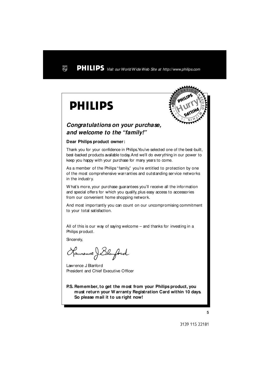 Philips MC-M570/37 warranty Dear Philips product owner, Hurry 