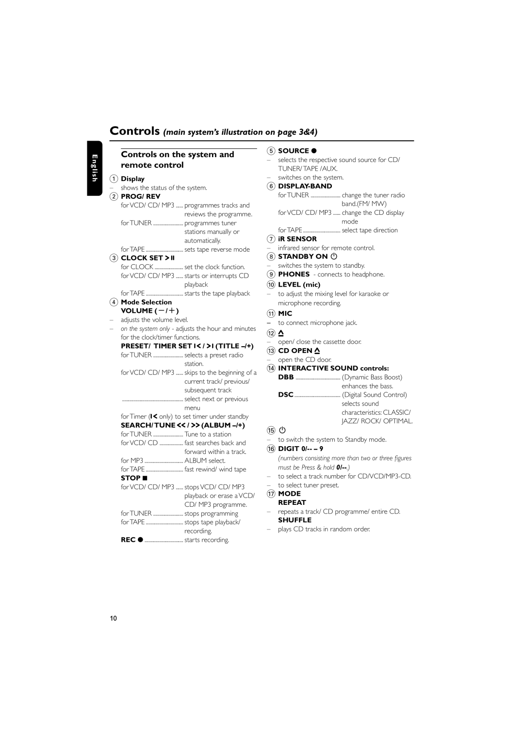 Philips MC-V320 manual Controls on the system and remote control 