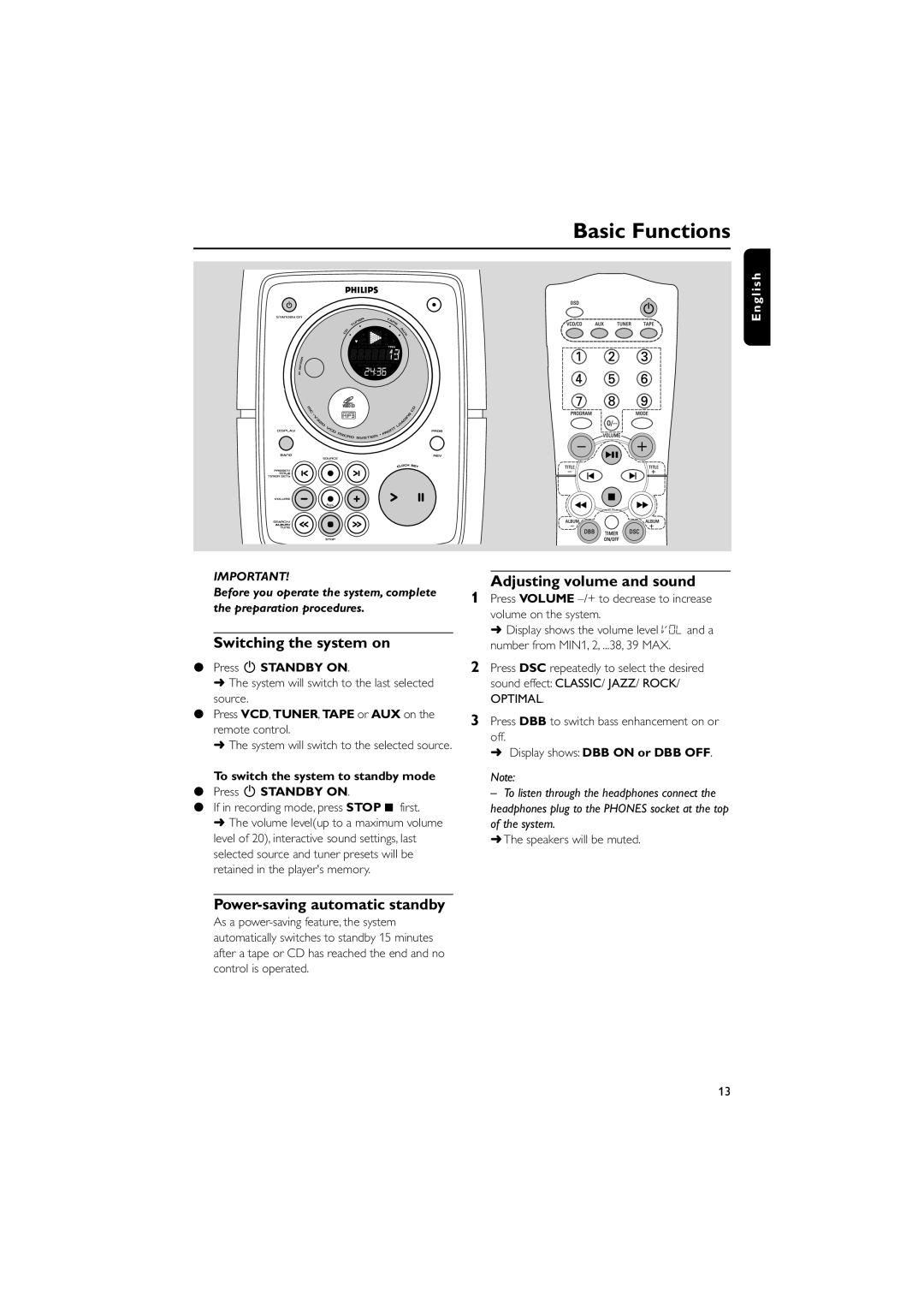 Philips MC-V320 manual Basic Functions, Switching the system on, Adjusting volume and sound, Power-saving automatic standby 