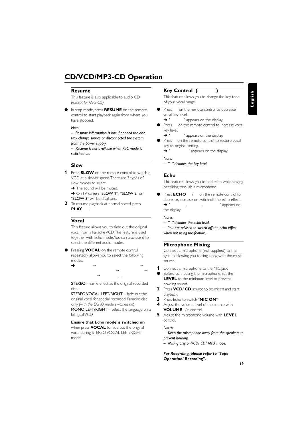 Philips MC-V320 manual Resume Key Control I È, Slow, Vocal, Echo, Microphone Mixing 