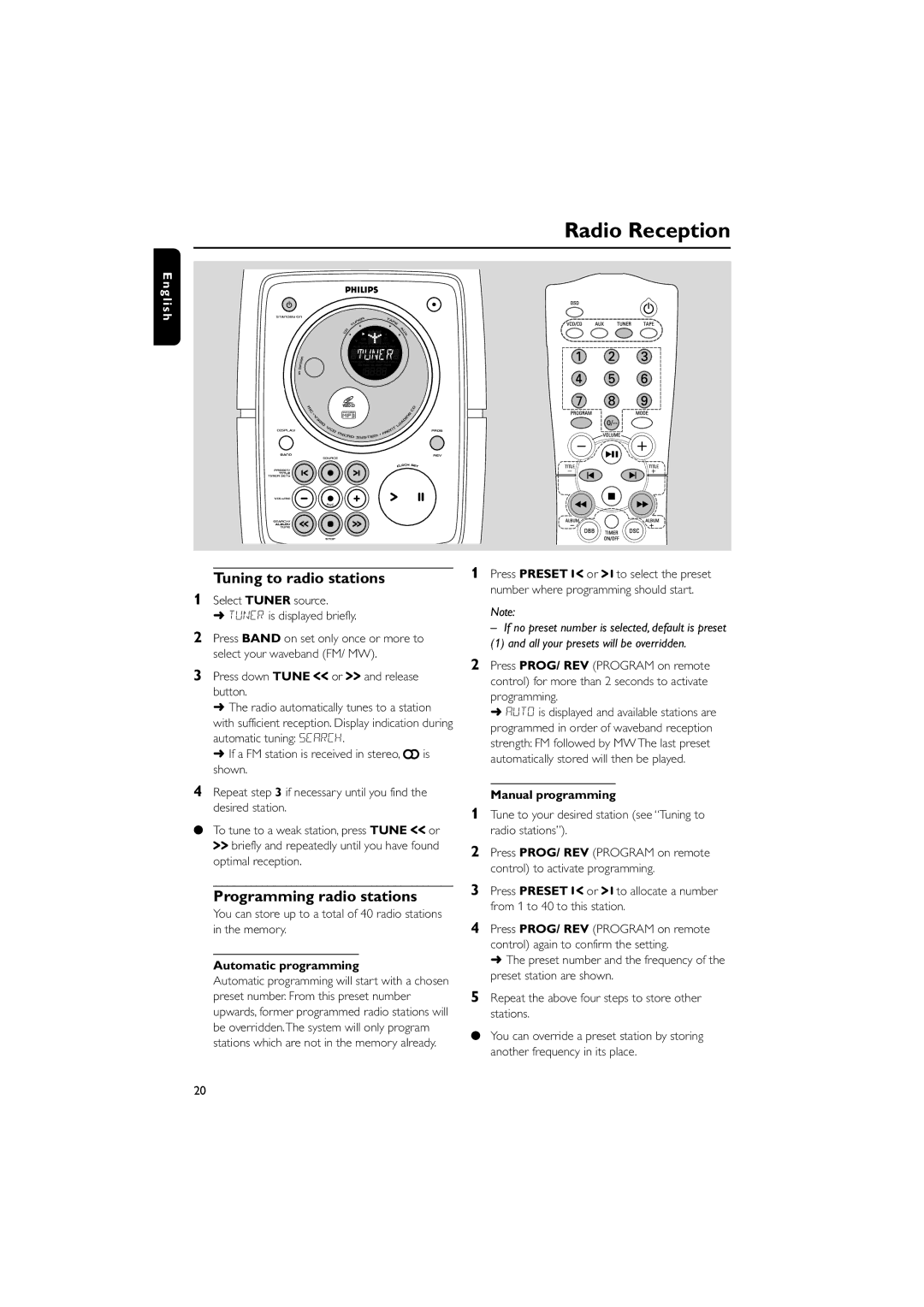 Philips MC-V320 manual Radio Reception, Tuning to radio stations, Programming radio stations, Automatic programming 