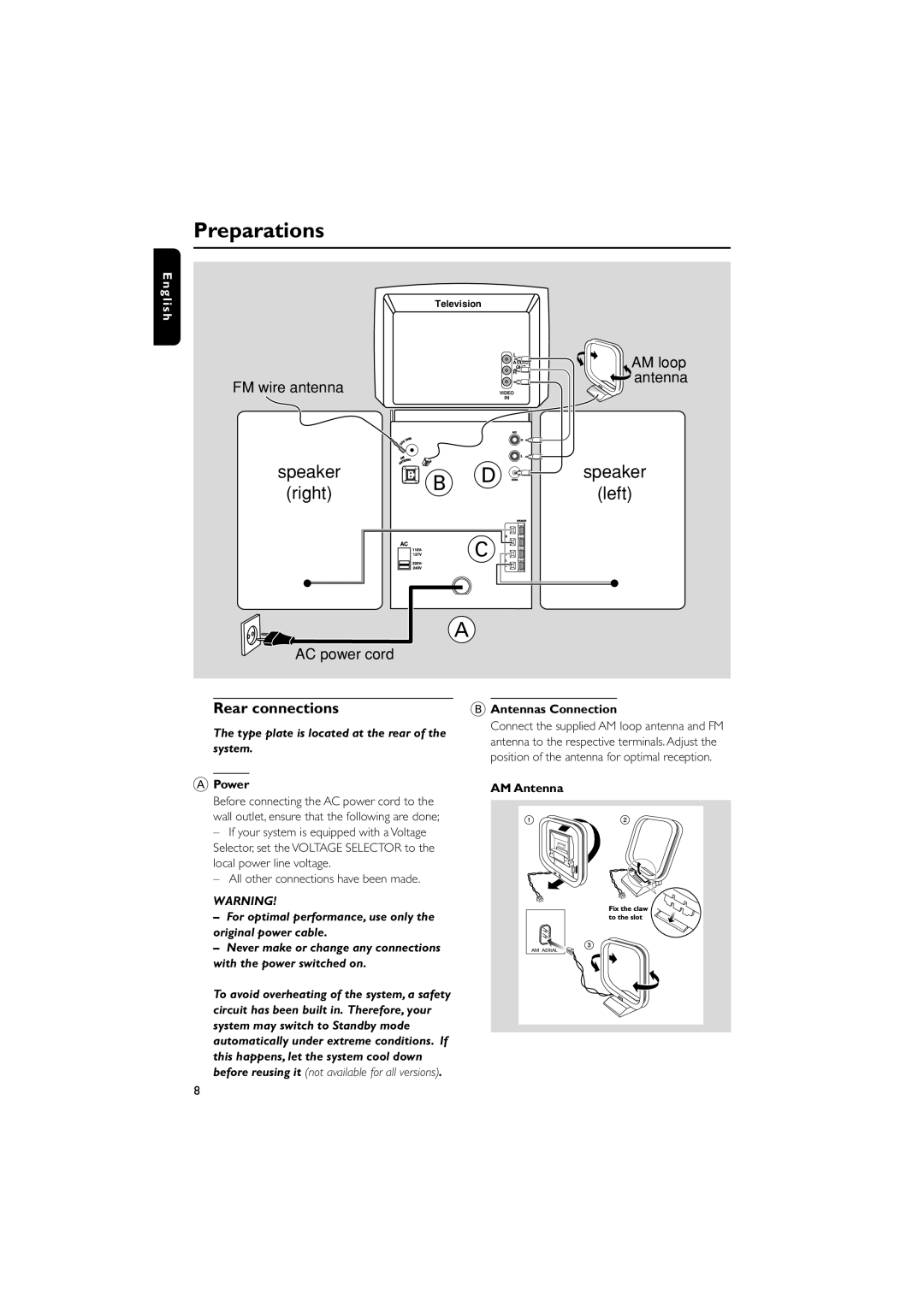 Philips MC-V320 manual Preparations, Antennas Connection, Power, AM Antenna, All other connections have been made 