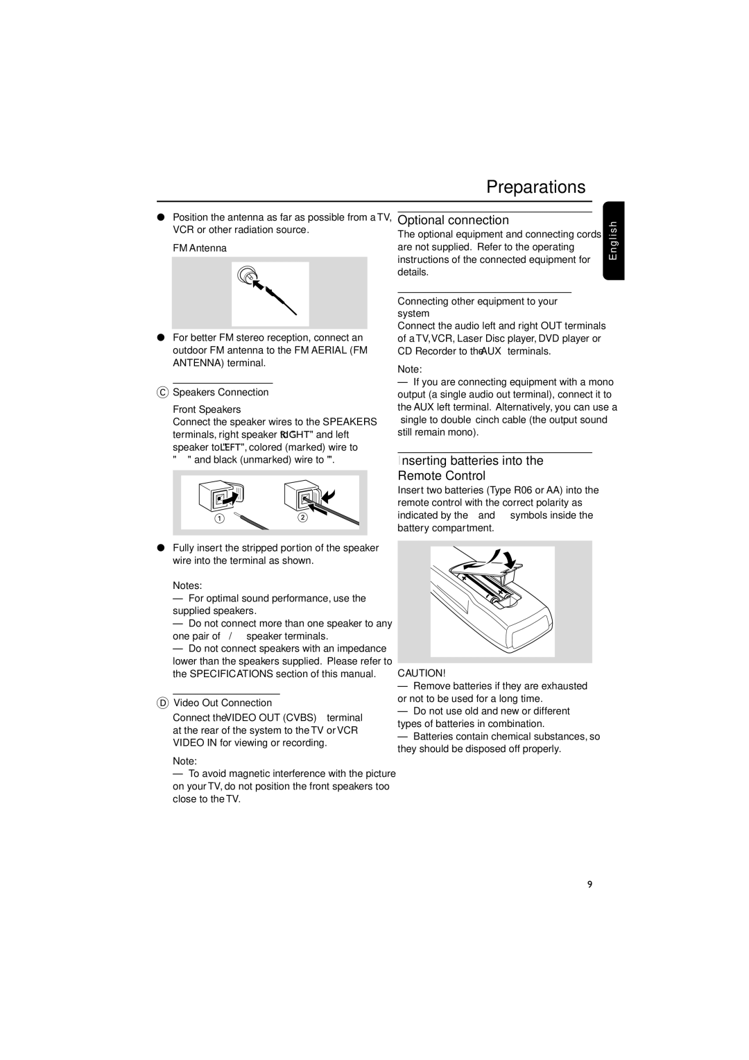 Philips MC-V320 manual Optional connection, Inserting batteries into the Remote Control 