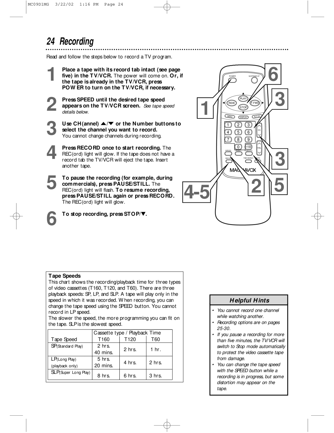 Philips MC09D1MG owner manual Tape Speeds, Recording options are on pages 