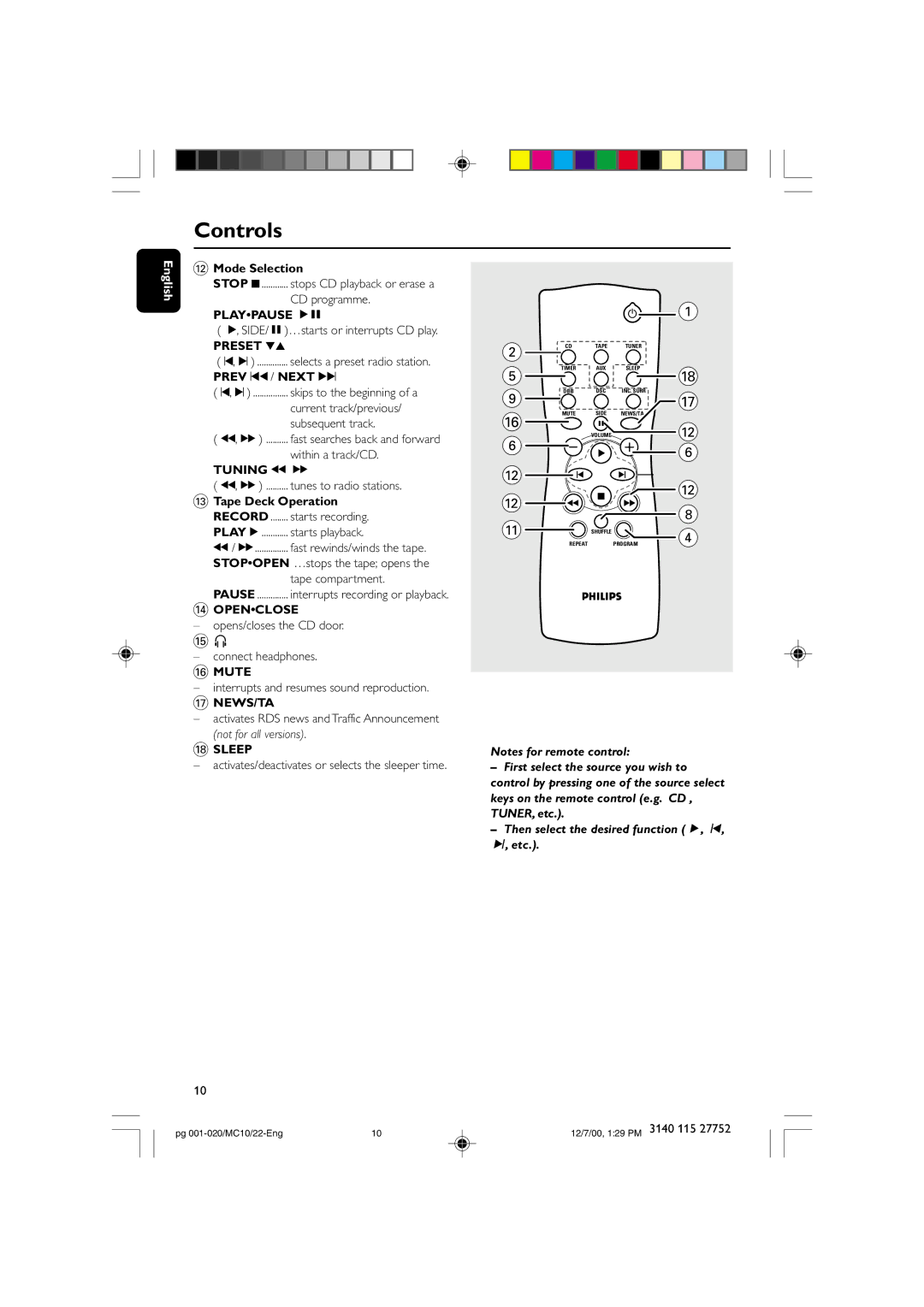 Philips MC10 manual Controls 