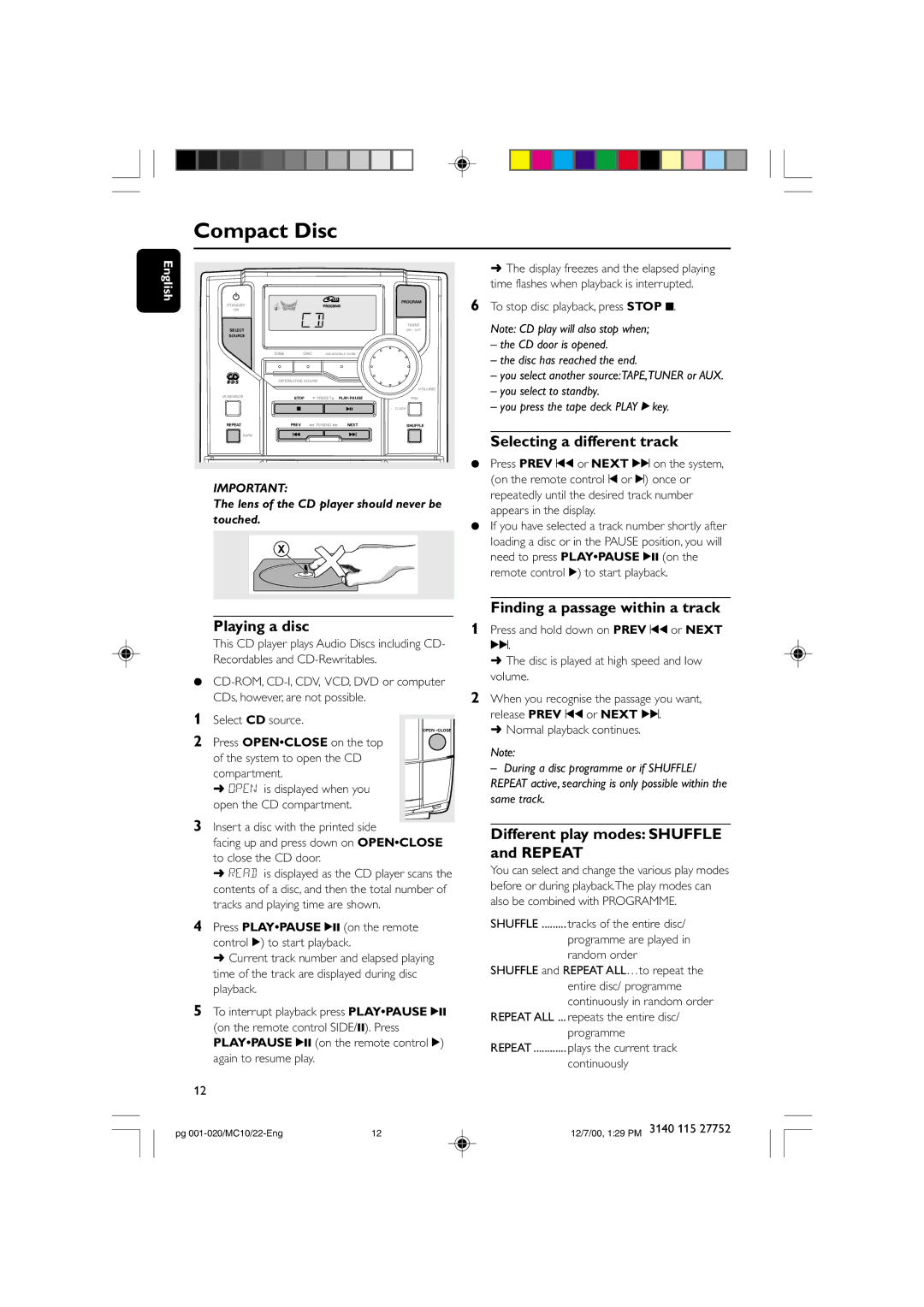 Philips MC10 manual Compact Disc, Selecting a different track, Playing a disc, Finding a passage within a track 