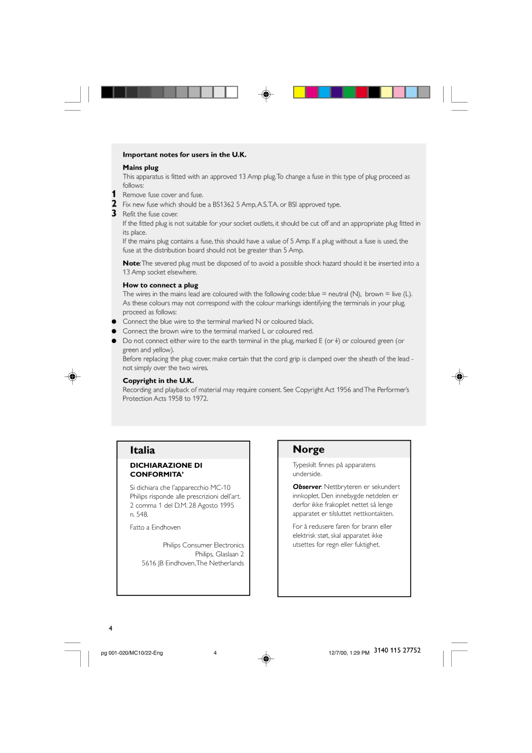 Philips MC10 manual Important notes for users in the U.K Mains plug, How to connect a plug, Copyright in the U.K 