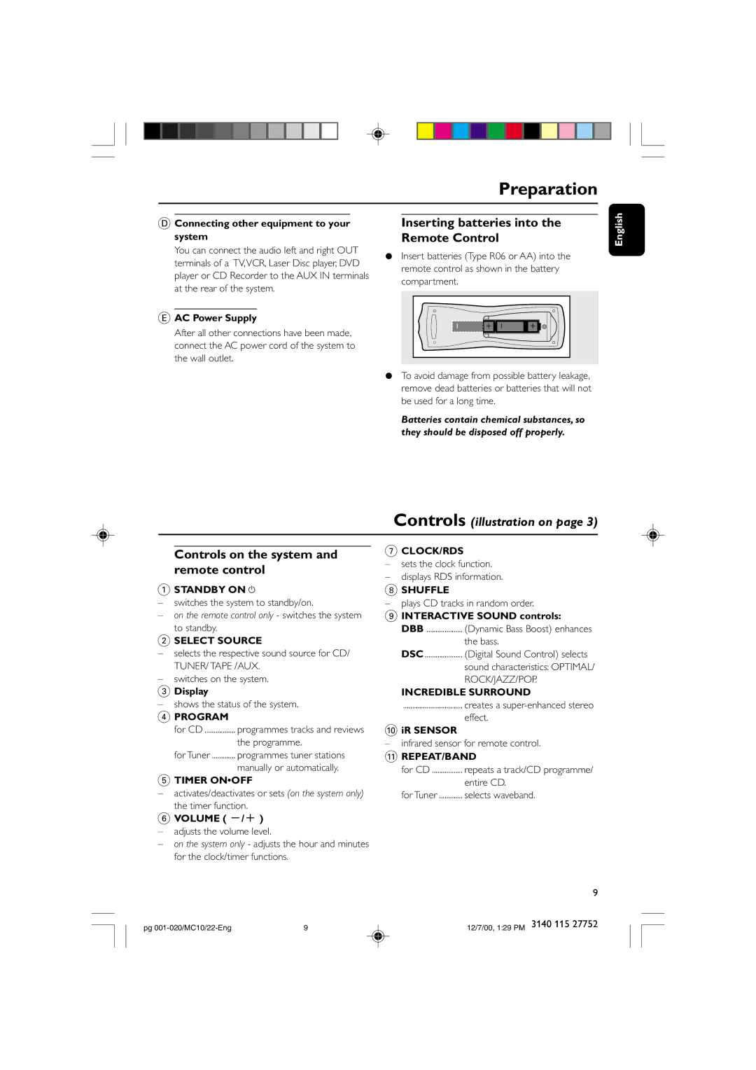 Philips MC10 manual Preparation, Inserting batteries into the Remote Control, Controls on the system, Remote control 