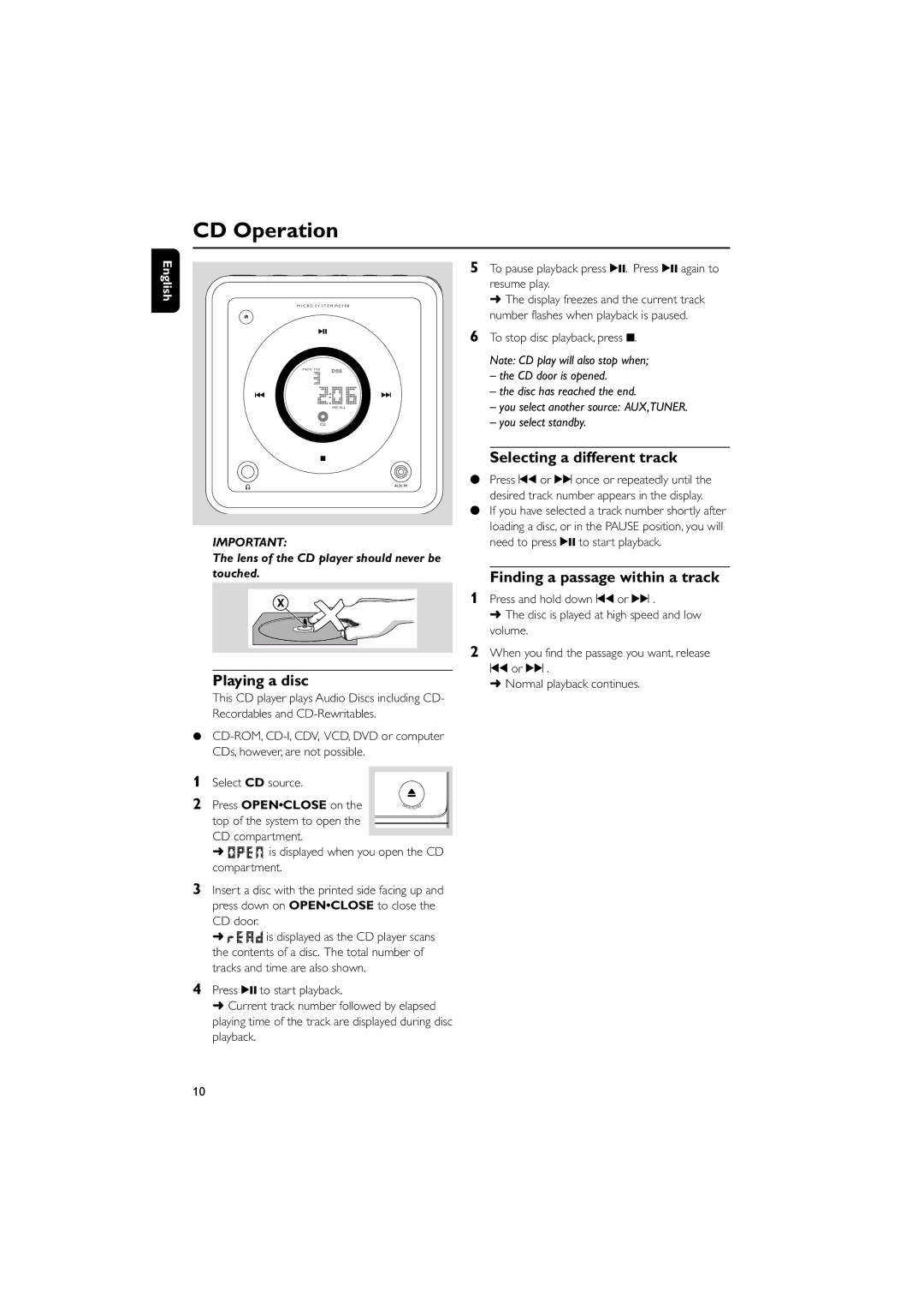 Philips MC108B CD Operation, Selecting a different track, Finding a passage within a track Playing a disc, Compartment 