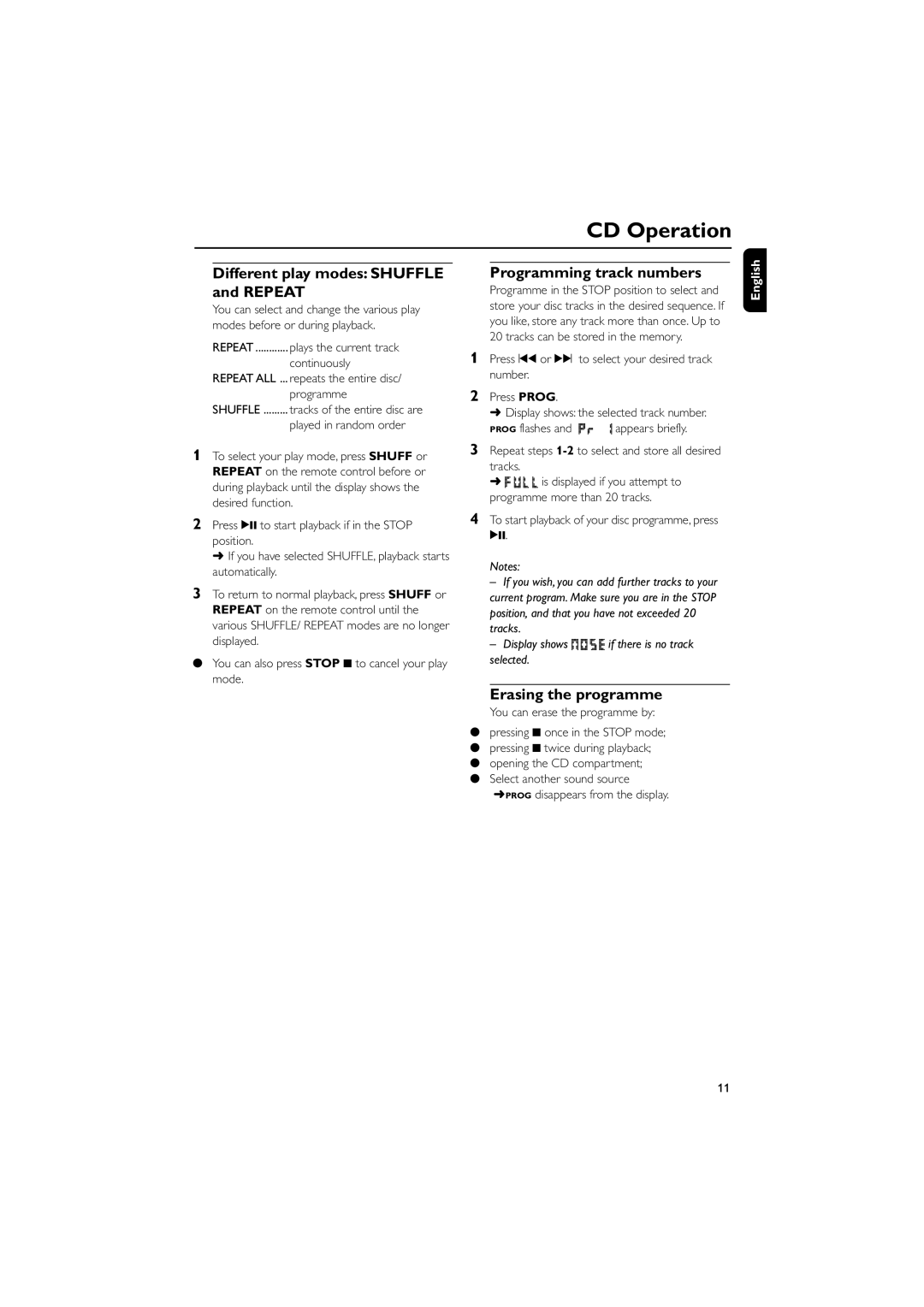 Philips MC108B Different play modes Shuffle and Repeat, Programming track numbers, Erasing the programme, Prog flashes 