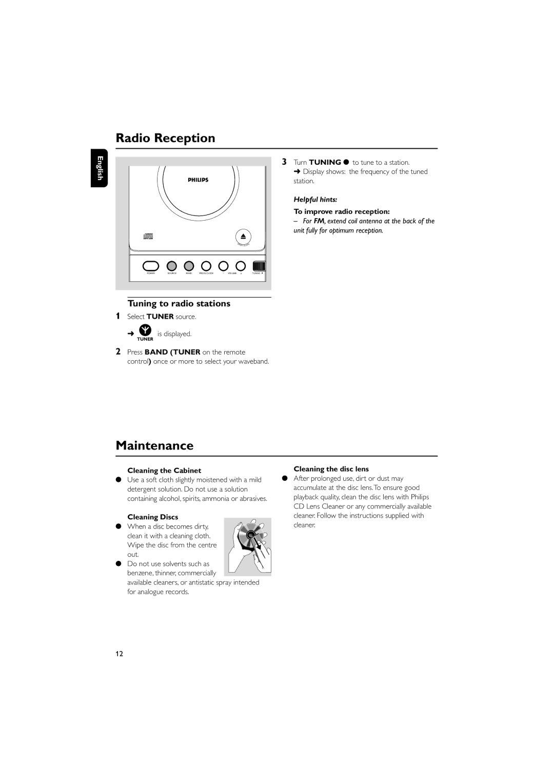 Philips MC108B user manual Radio Reception, Maintenance, Tuning to radio stations 